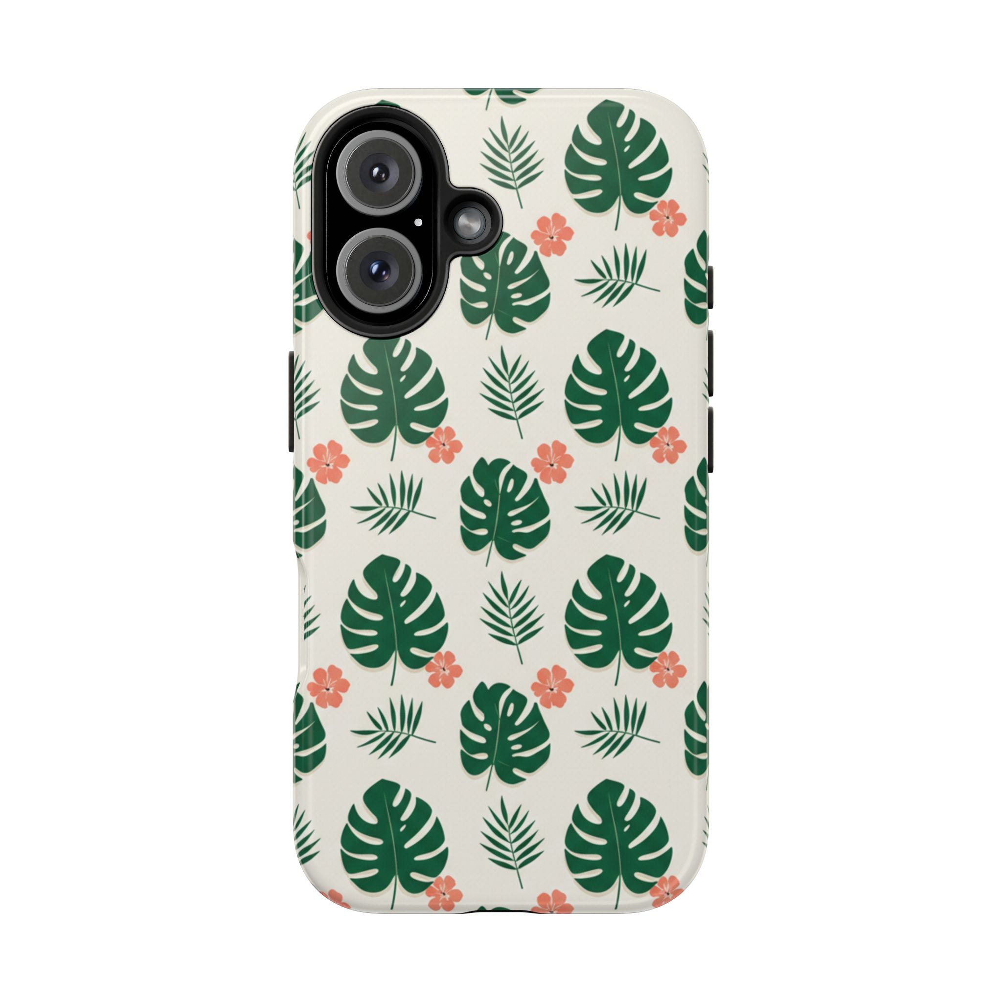 Tropical Leaves Tough Phone Case — Monstera & Pink Floral Protective Cover