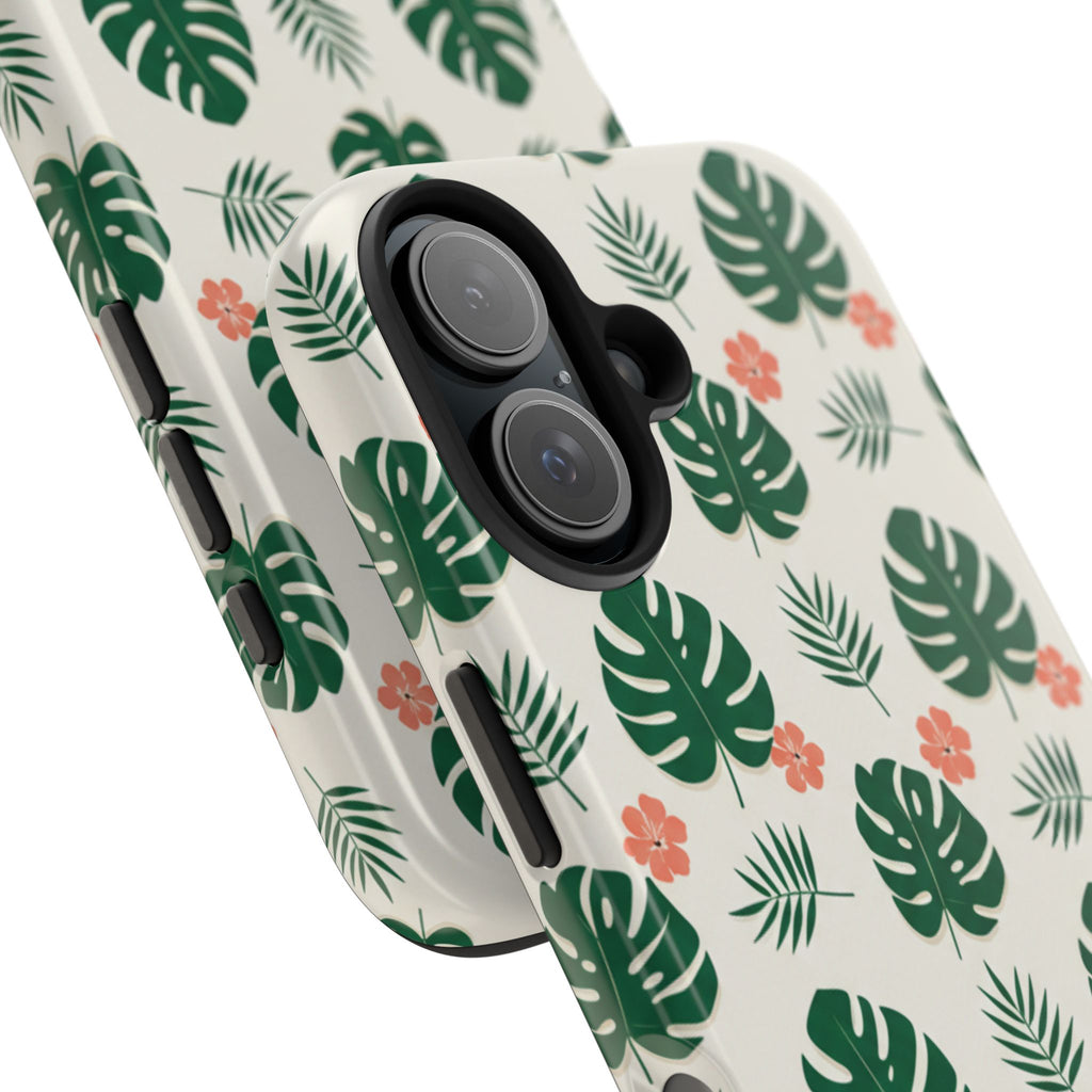 Tropical Leaves Tough Phone Case — Monstera & Pink Floral Protective Cover