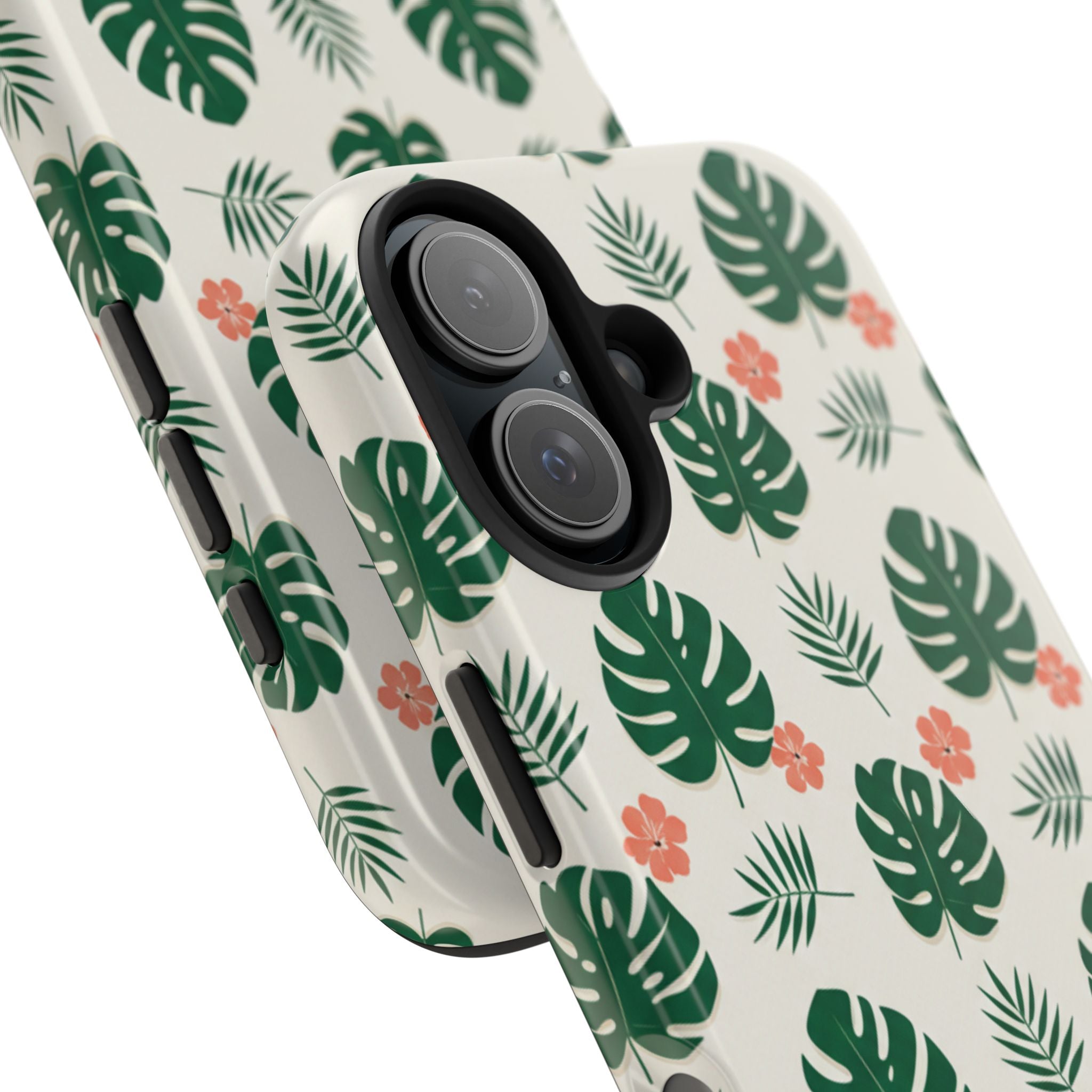 Tropical Leaves Tough Phone Case — Monstera & Pink Floral Protective Cover