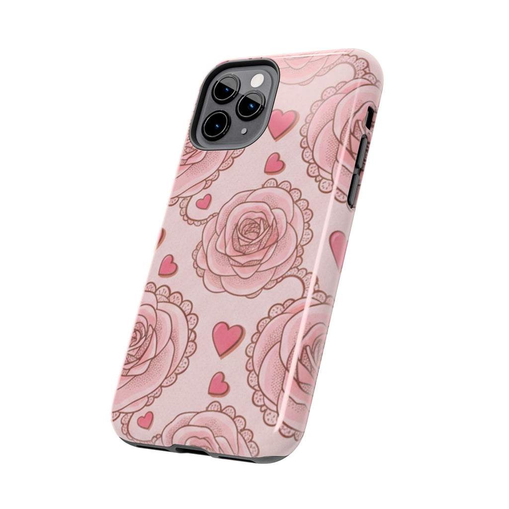 Floral Heart Phone Case — Pink Rose Pattern Tough Protective Case