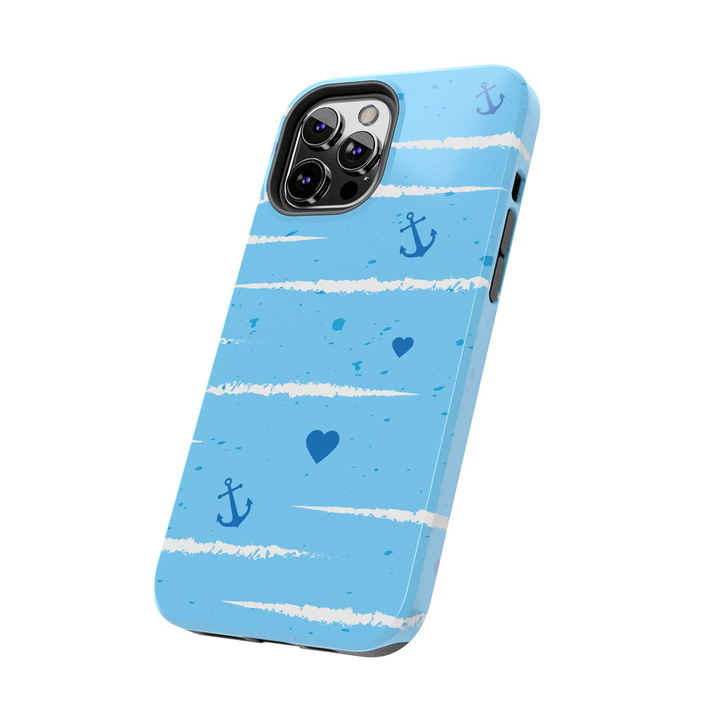 Nautical Blue Anchor & Hearts Tough Phone Case — Cute Striped Protective Cover