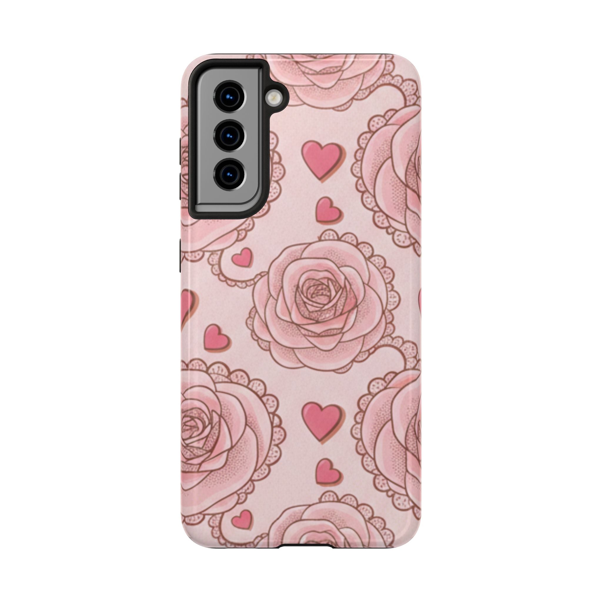 Floral Heart Phone Case — Pink Rose Pattern Tough Protective Case