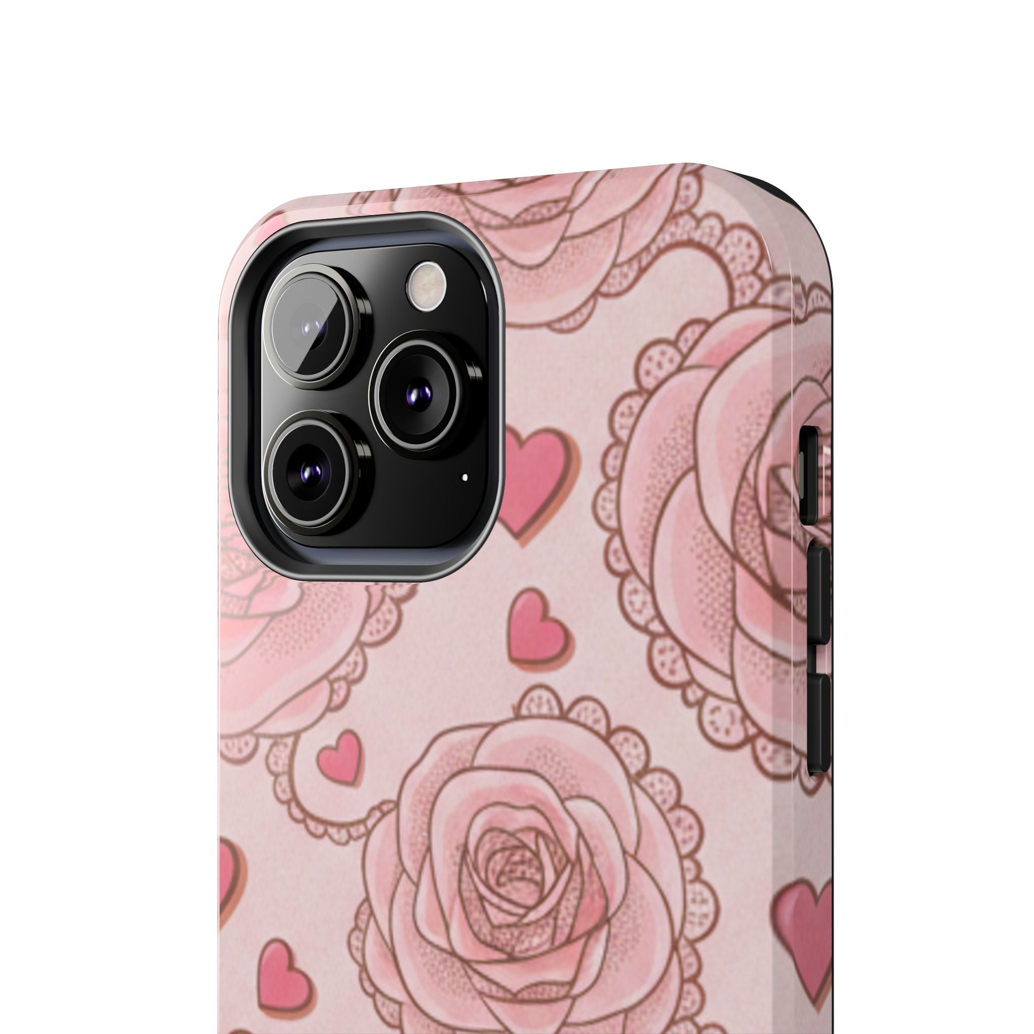 Floral Heart Phone Case — Pink Rose Pattern Tough Protective Case