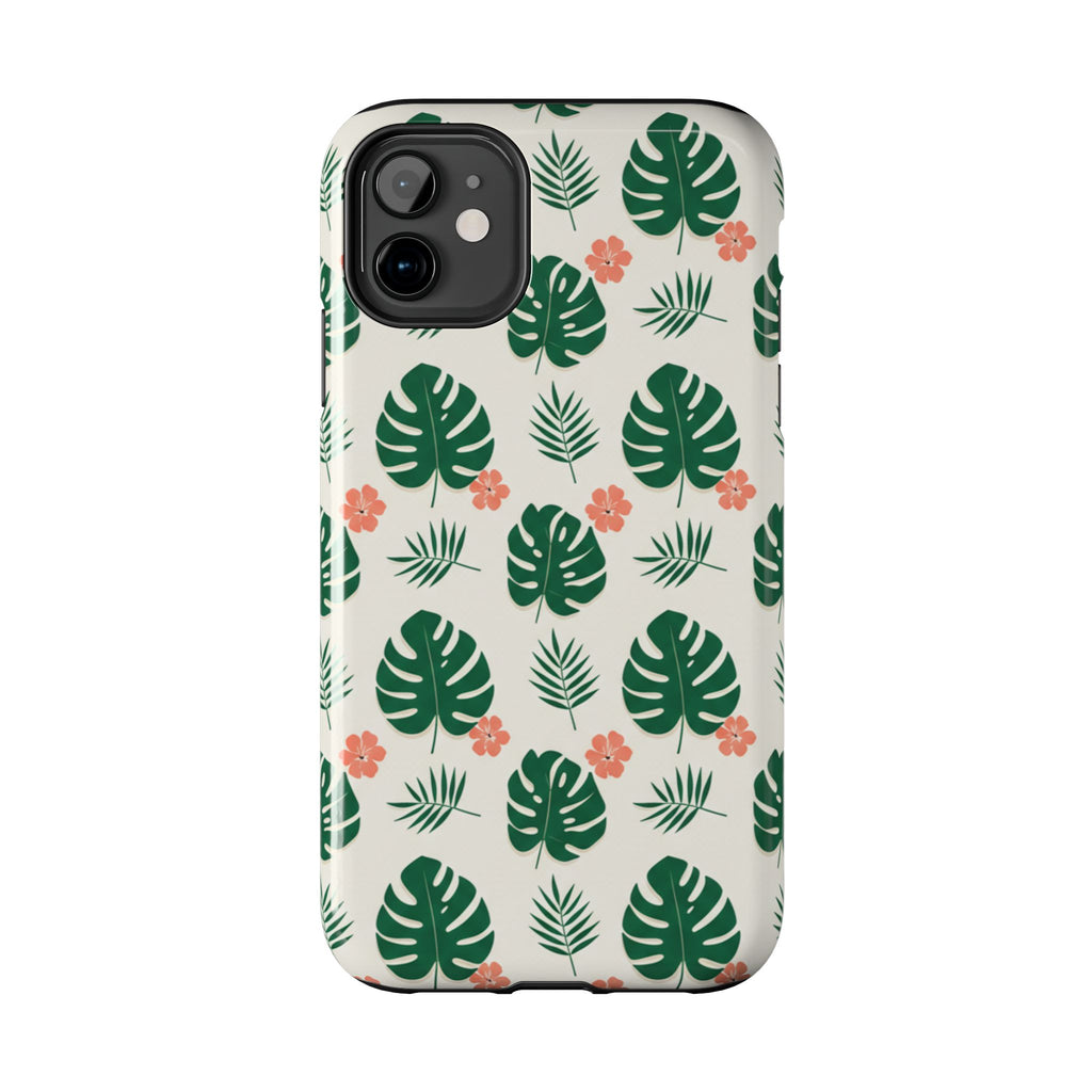 Tropical Leaves Tough Phone Case — Monstera & Pink Floral Protective Cover