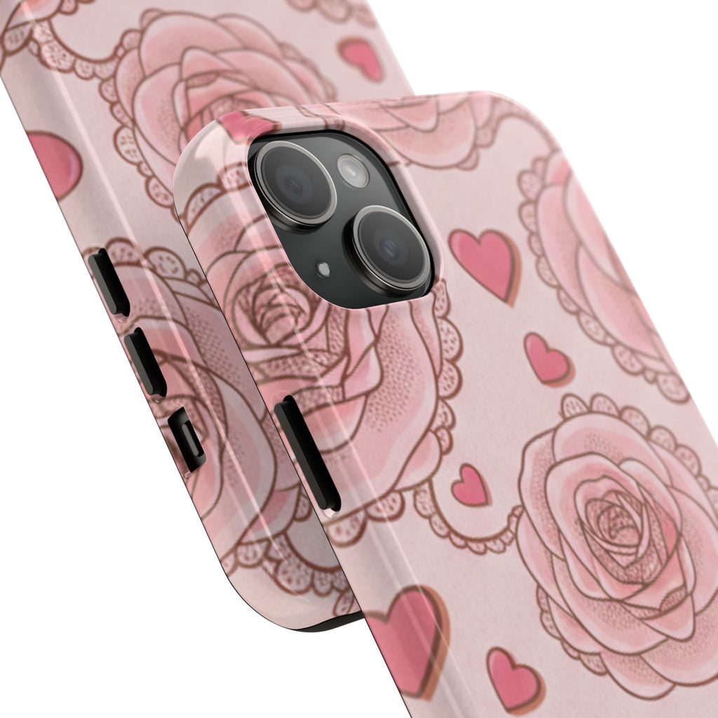 Floral Heart Phone Case — Pink Rose Pattern Tough Protective Case