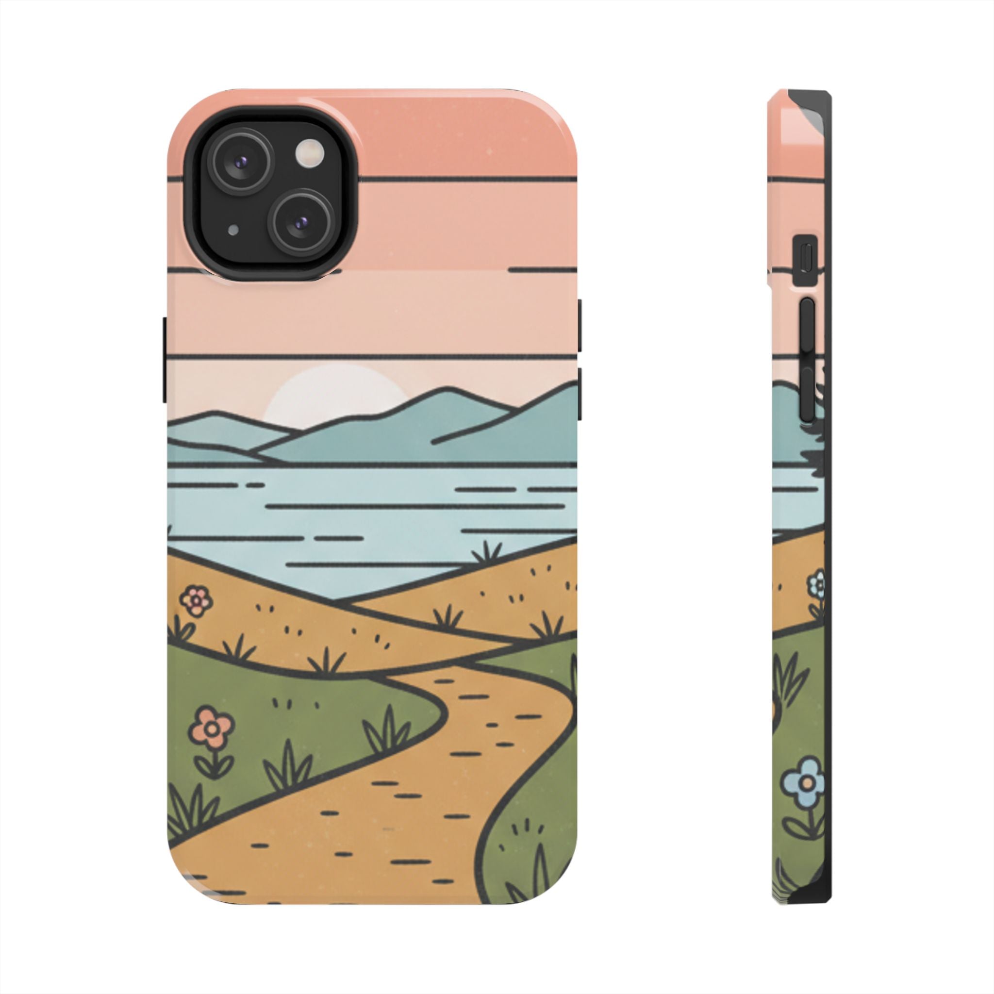 Scenic Path Tough Phone Case — Pastel Lake & Mountain Protective Cover