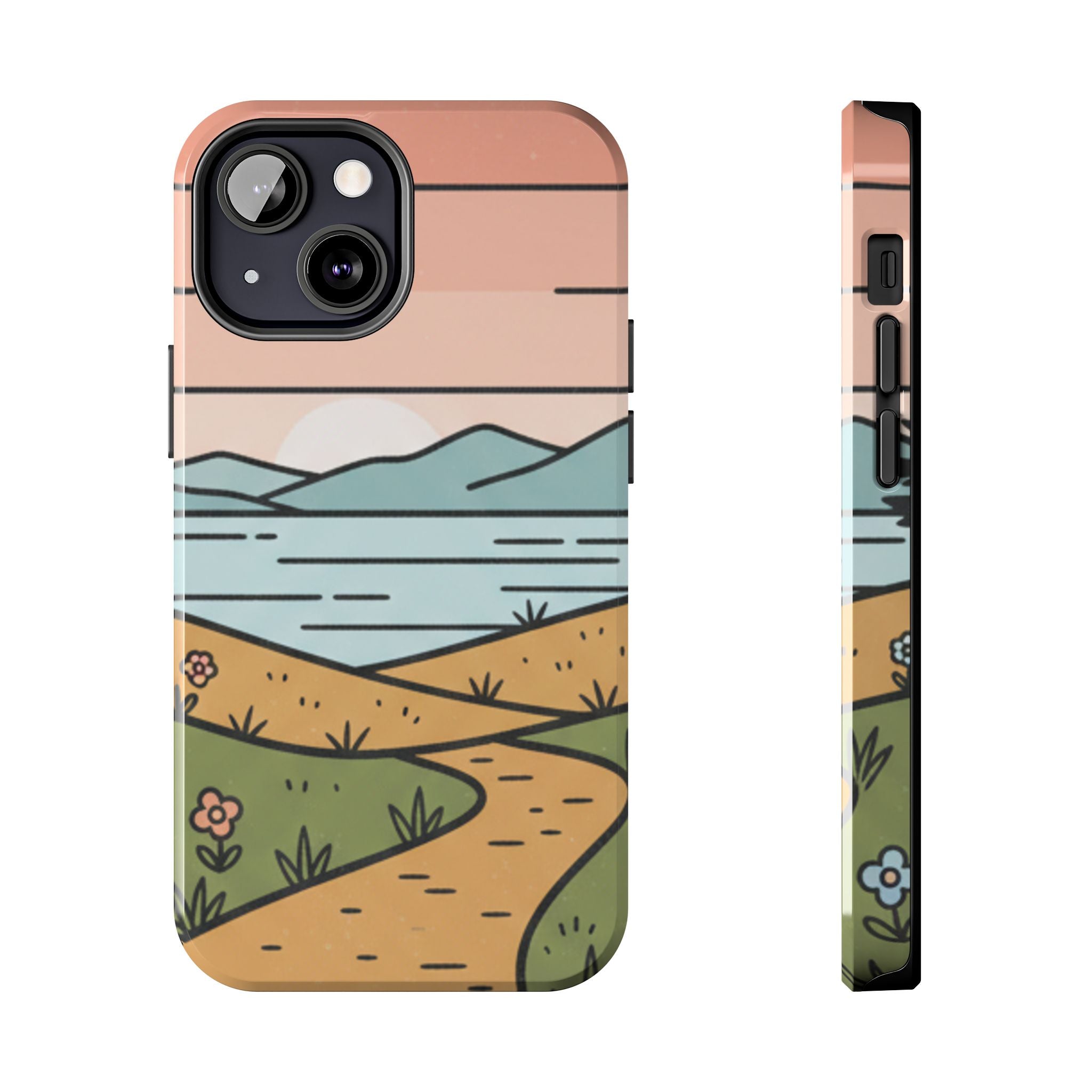 Scenic Path Tough Phone Case — Pastel Lake & Mountain Protective Cover