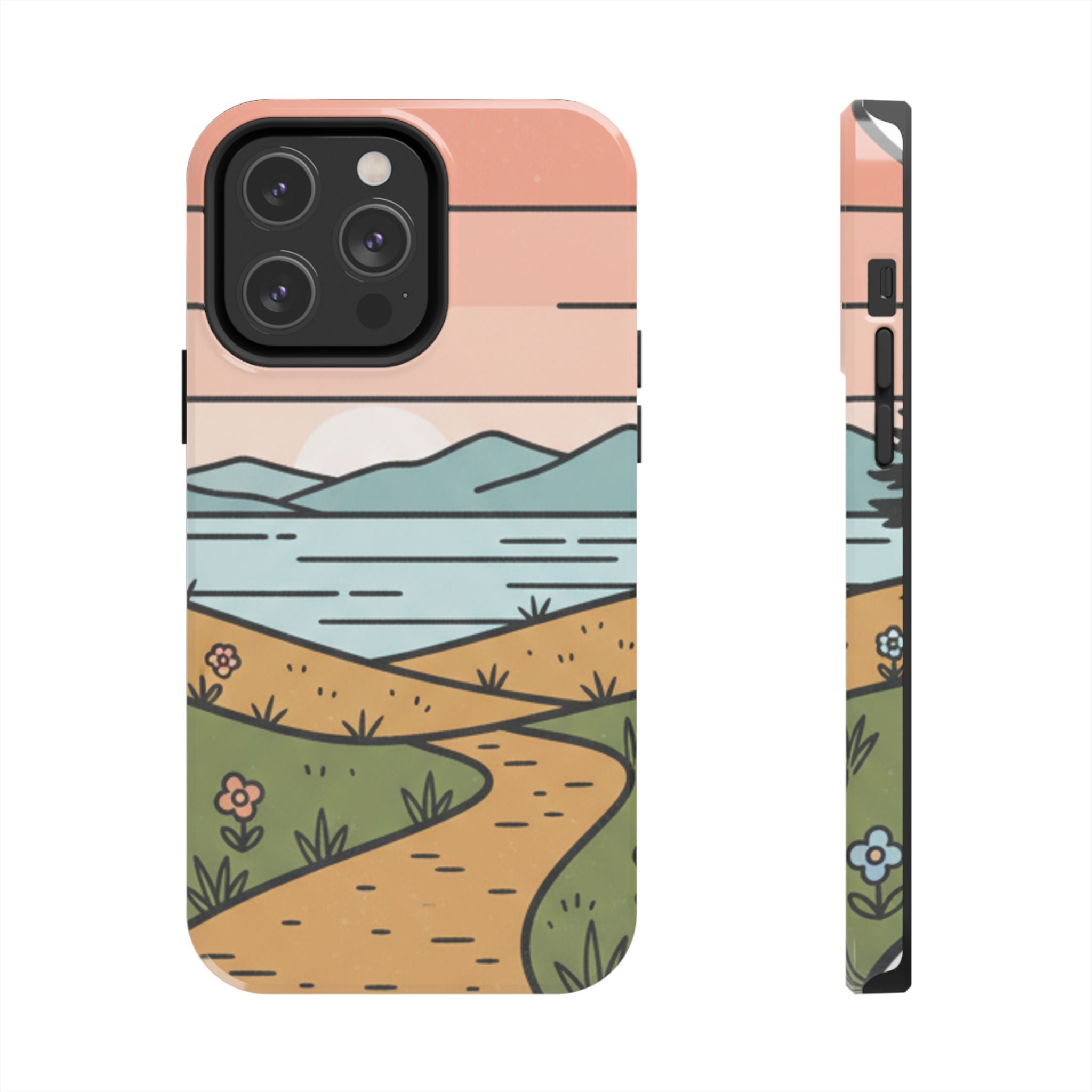 Scenic Path Tough Phone Case — Pastel Lake & Mountain Protective Cover