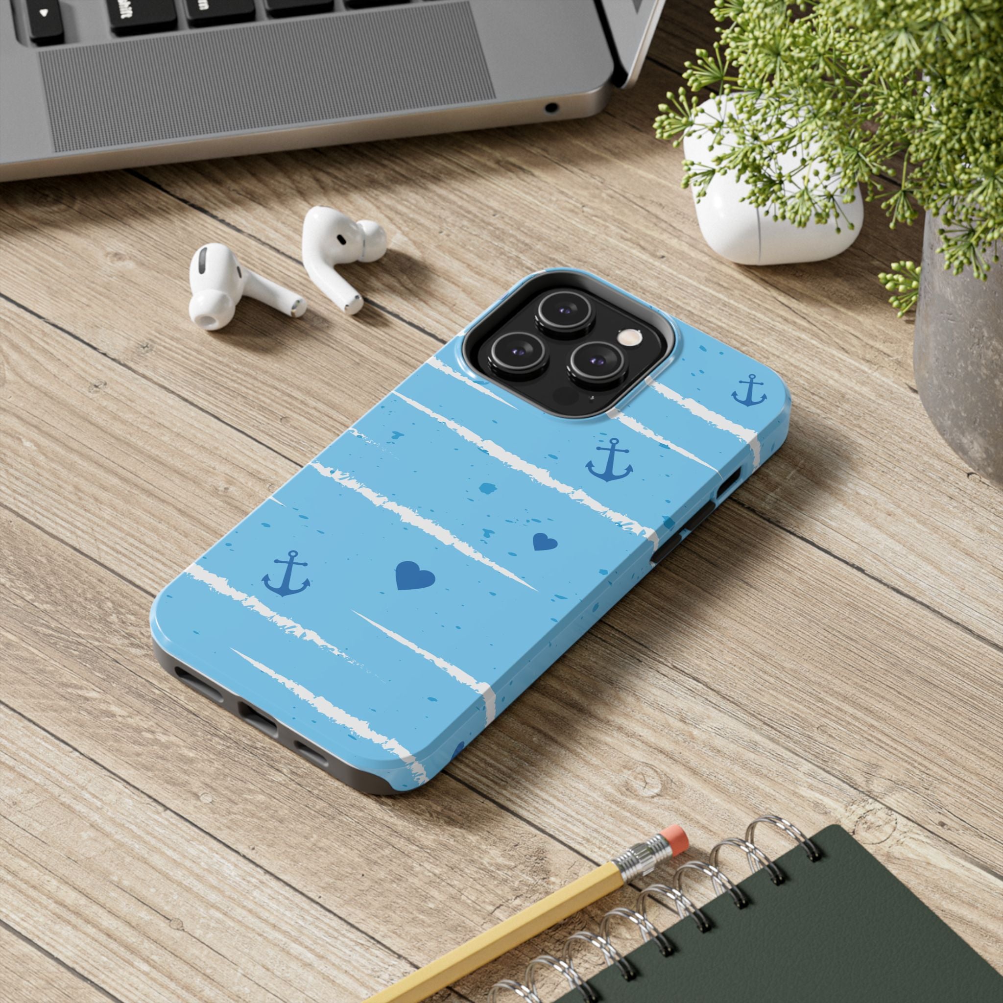 Nautical Blue Anchor & Hearts Tough Phone Case — Cute Striped Protective Cover