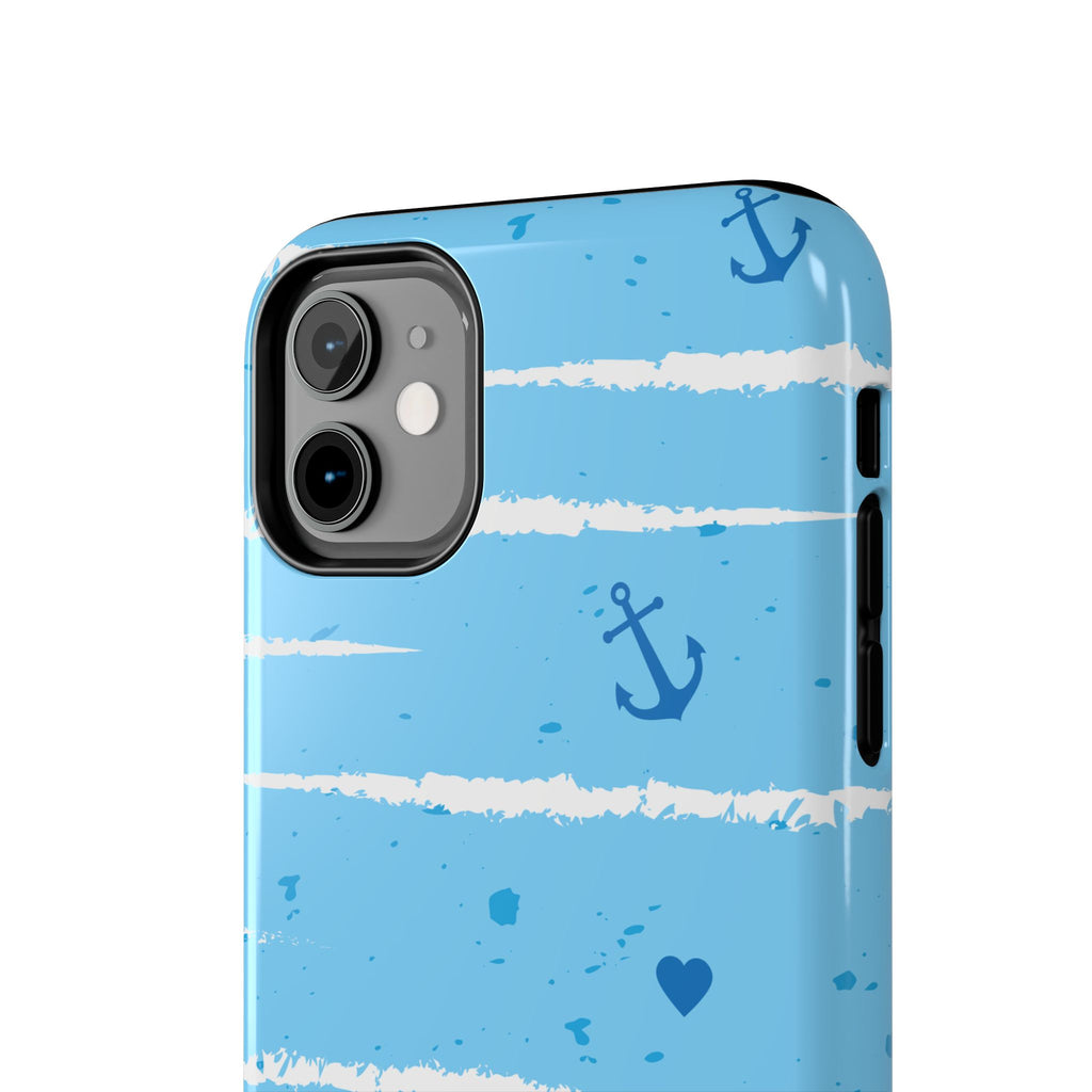 Nautical Blue Anchor & Hearts Tough Phone Case — Cute Striped Protective Cover