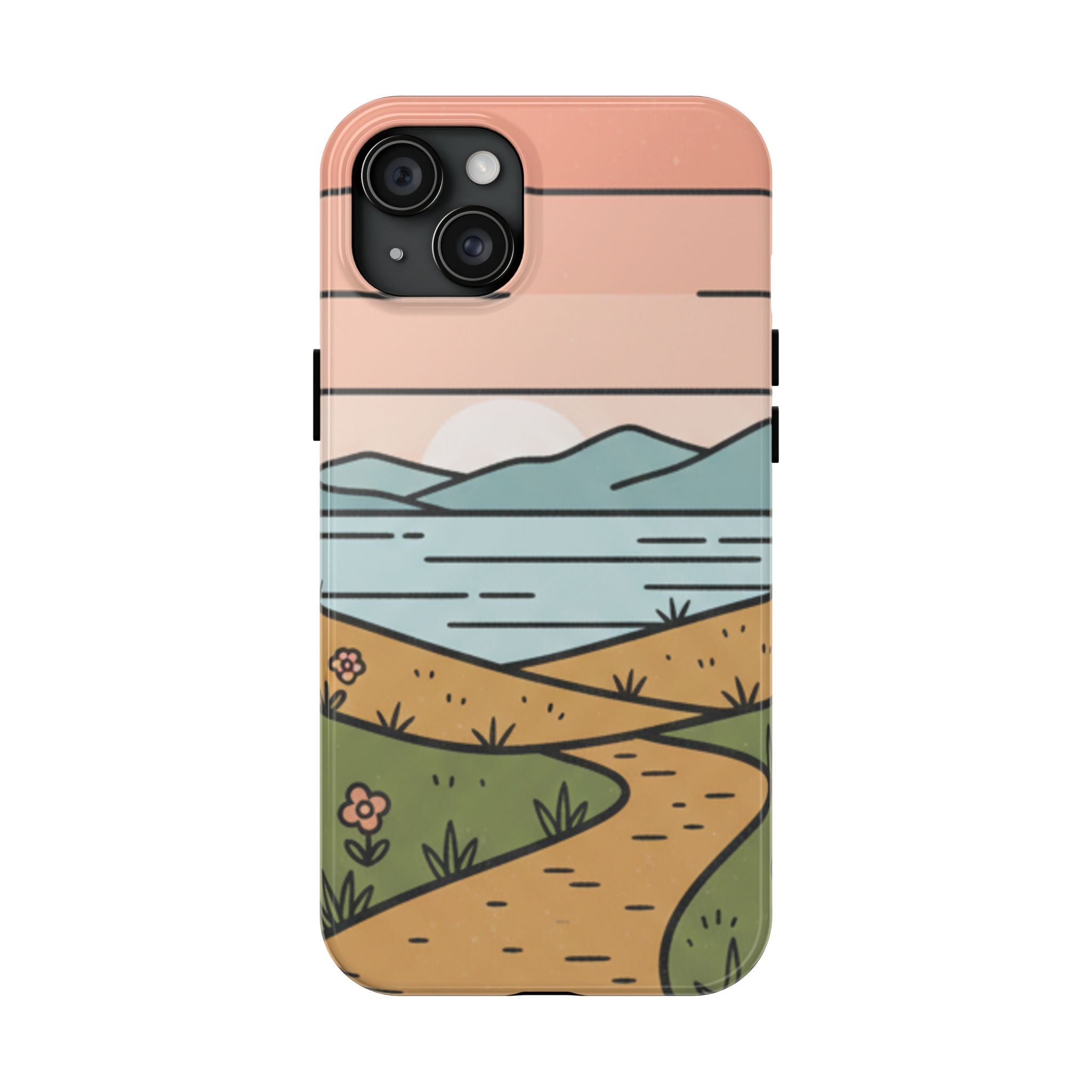 Scenic Path Tough Phone Case — Pastel Lake & Mountain Protective Cover