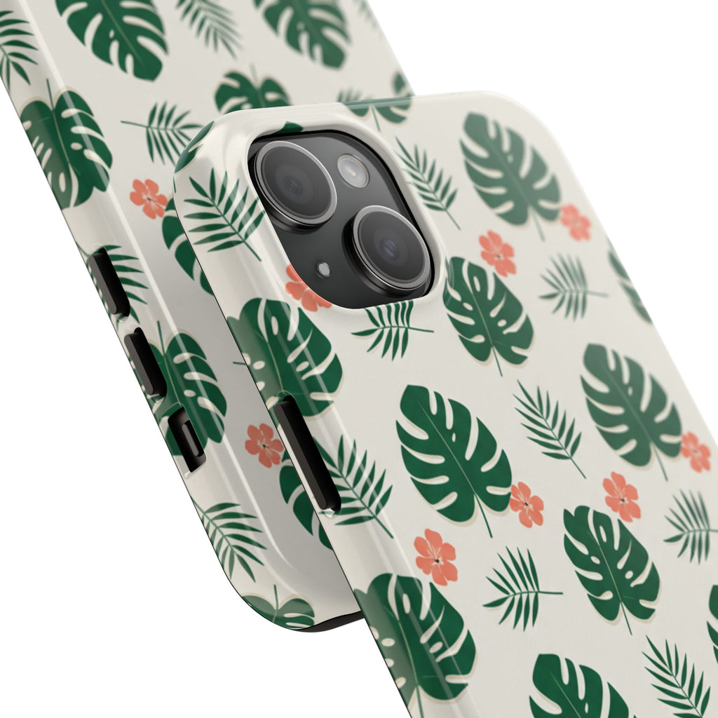 Tropical Leaves Tough Phone Case — Monstera & Pink Floral Protective Cover