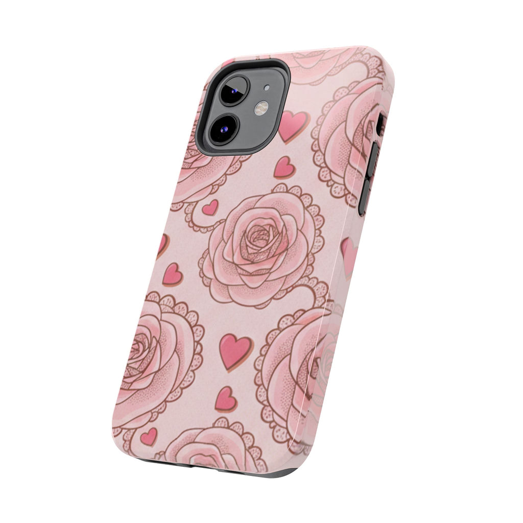 Floral Heart Phone Case — Pink Rose Pattern Tough Protective Case