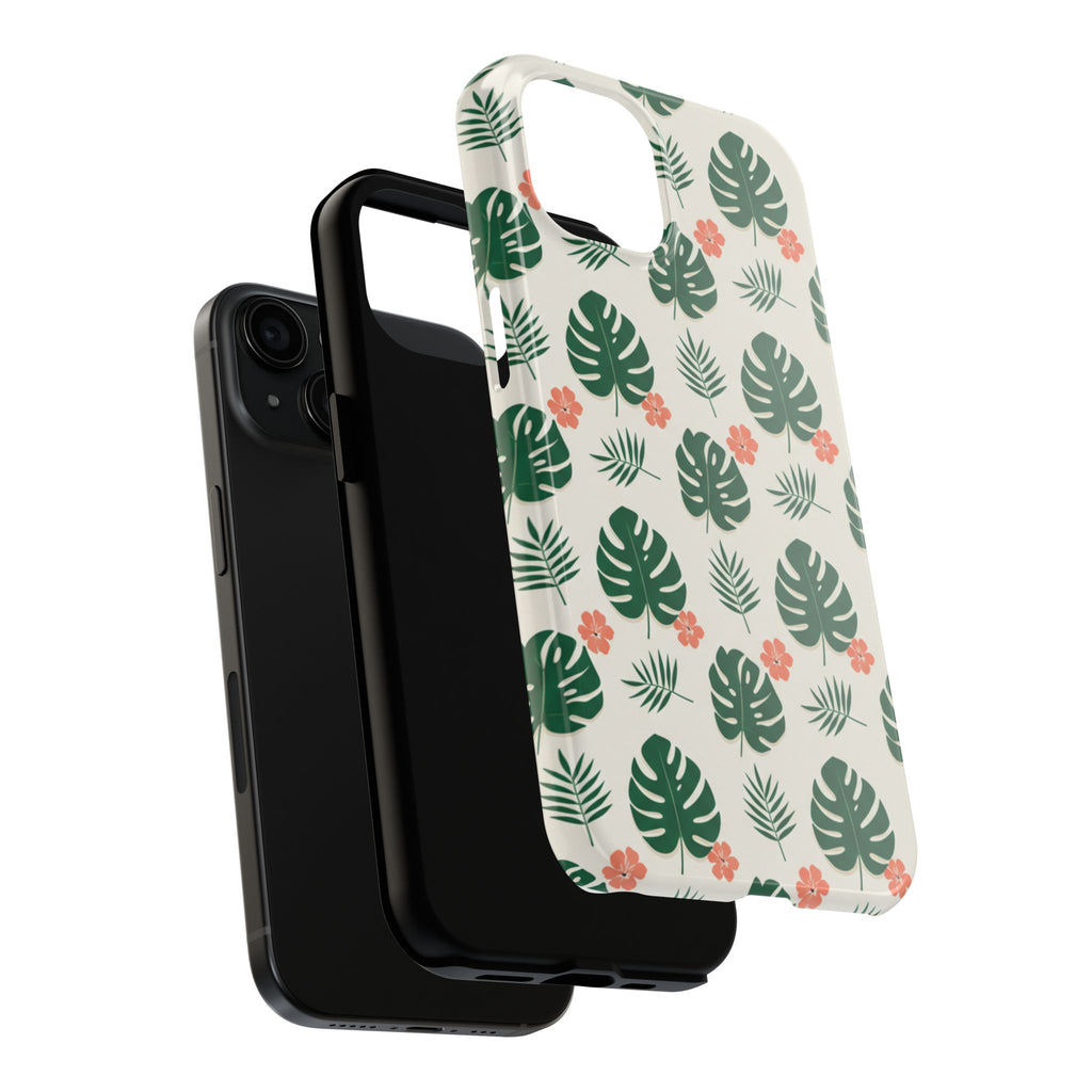 Tropical Leaves Tough Phone Case — Monstera & Pink Floral Protective Cover