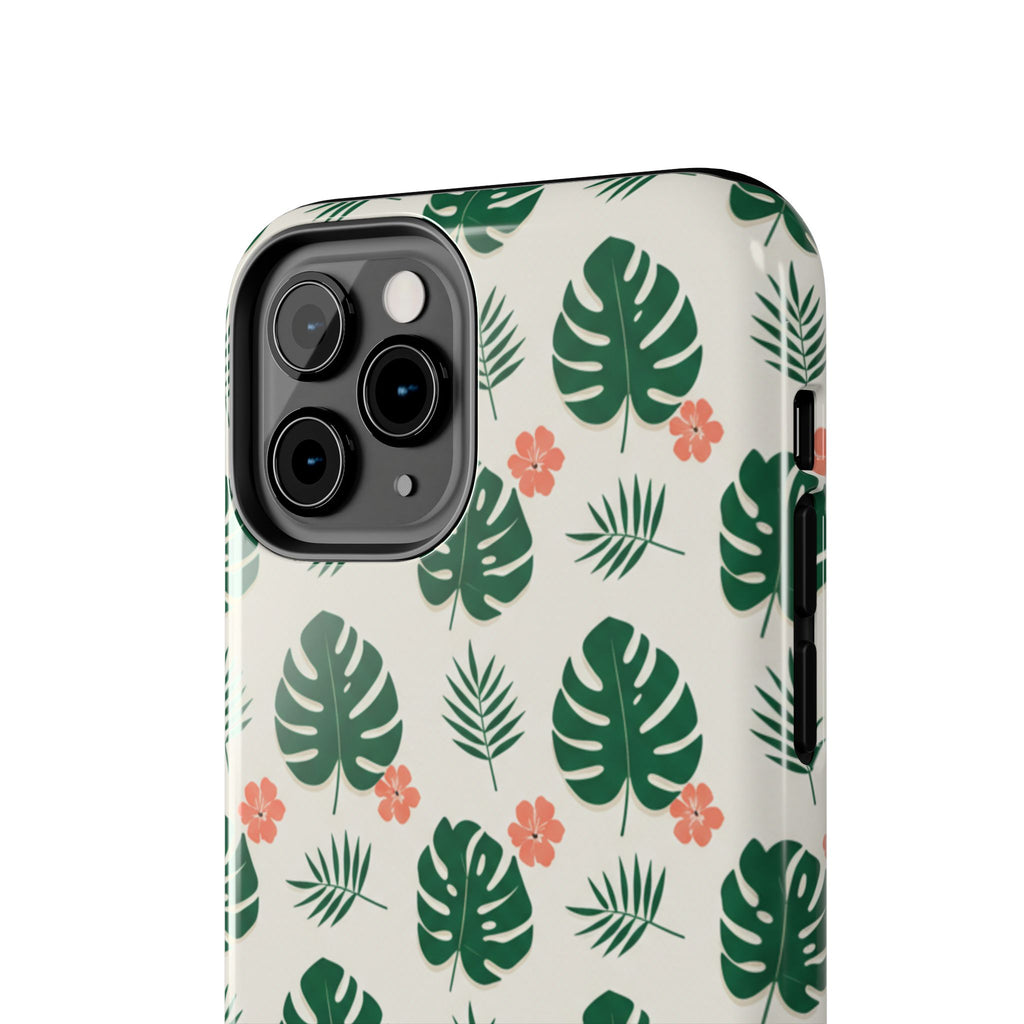 Tropical Leaves Tough Phone Case — Monstera & Pink Floral Protective Cover