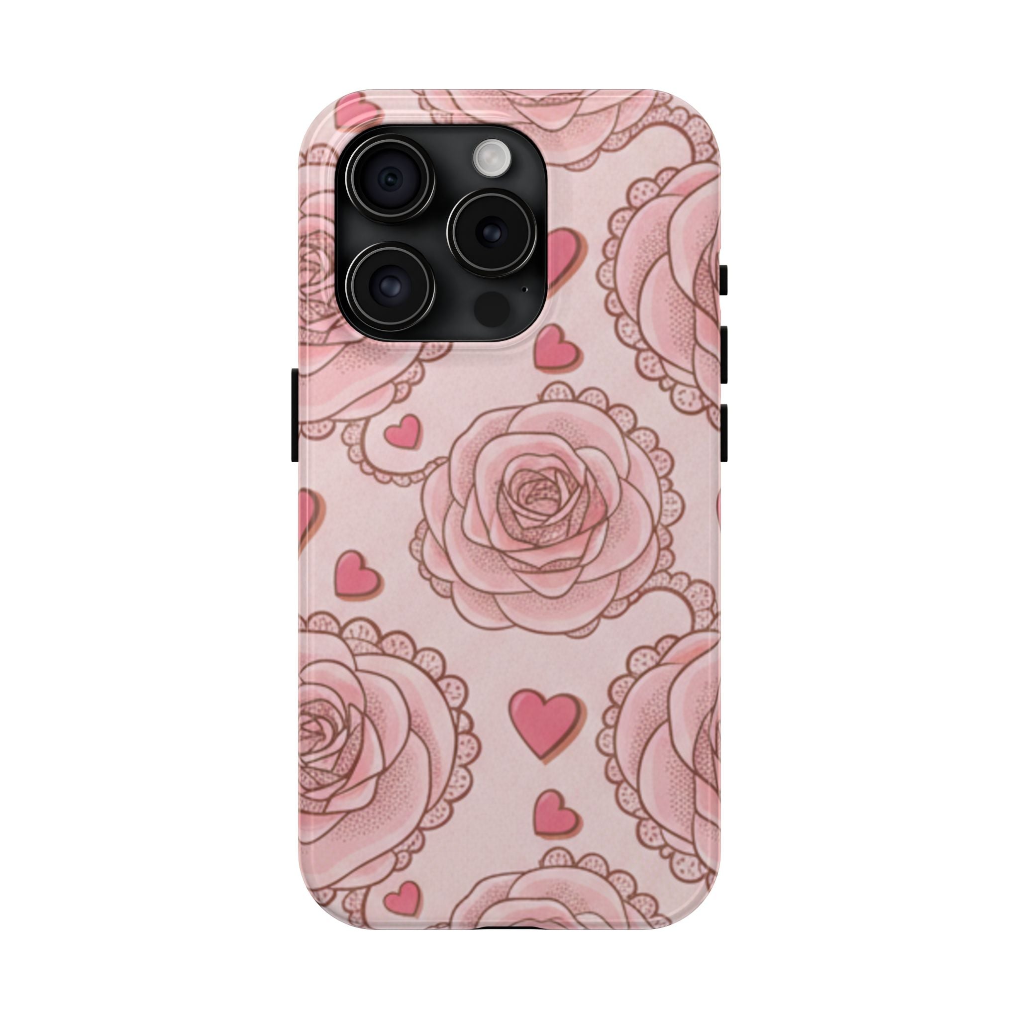 Floral Heart Phone Case — Pink Rose Pattern Tough Protective Case