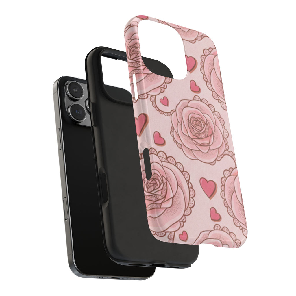Floral Heart Phone Case — Pink Rose Pattern Tough Protective Case