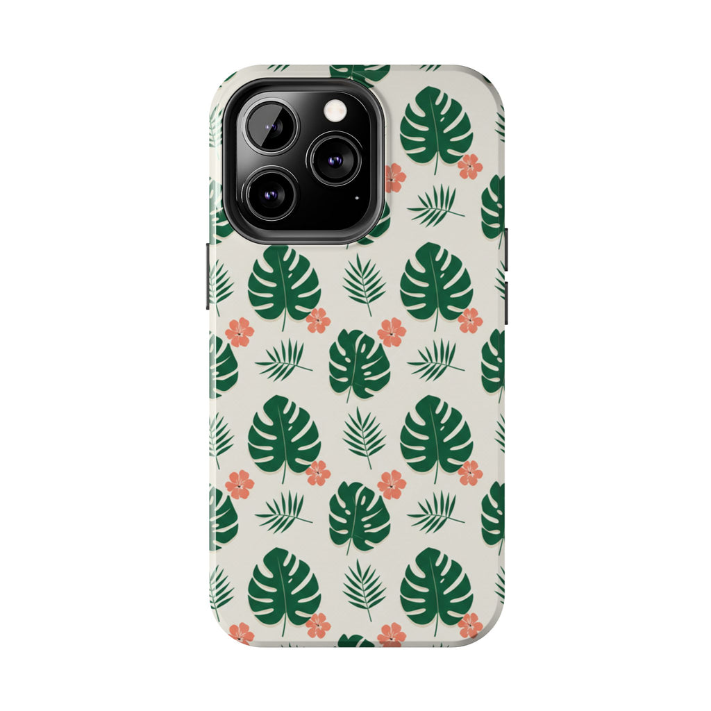 Tropical Leaves Tough Phone Case — Monstera & Pink Floral Protective Cover