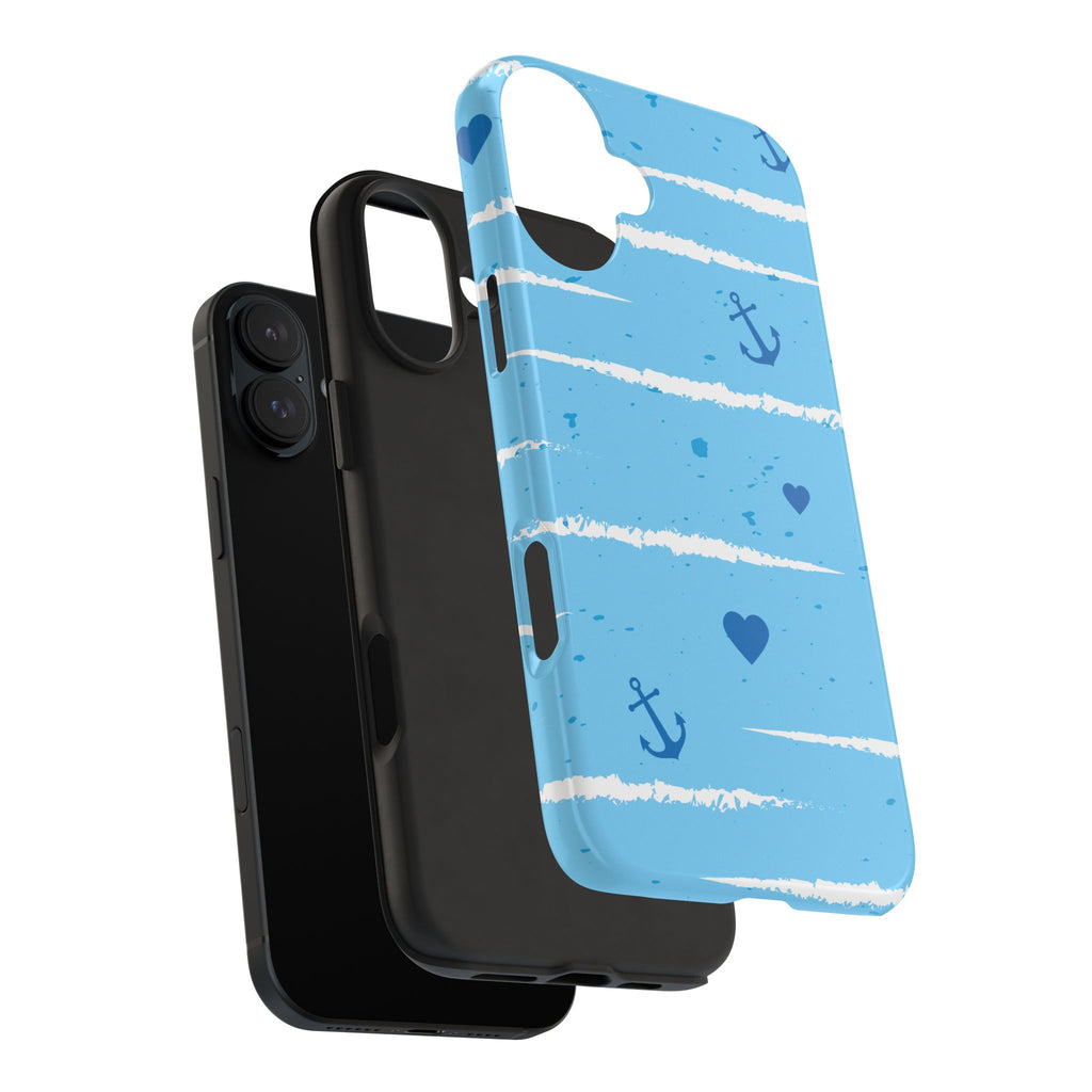 Nautical Blue Anchor & Hearts Tough Phone Case — Cute Striped Protective Cover
