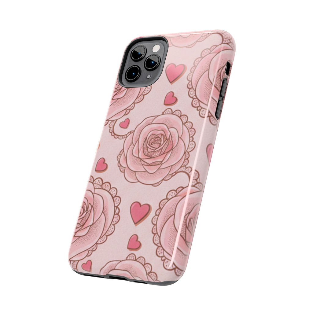 Floral Heart Phone Case — Pink Rose Pattern Tough Protective Case