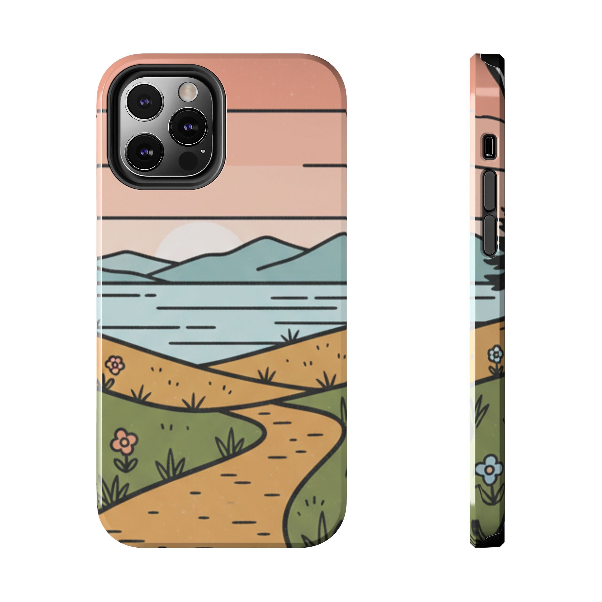 Scenic Path Tough Phone Case — Pastel Lake & Mountain Protective Cover