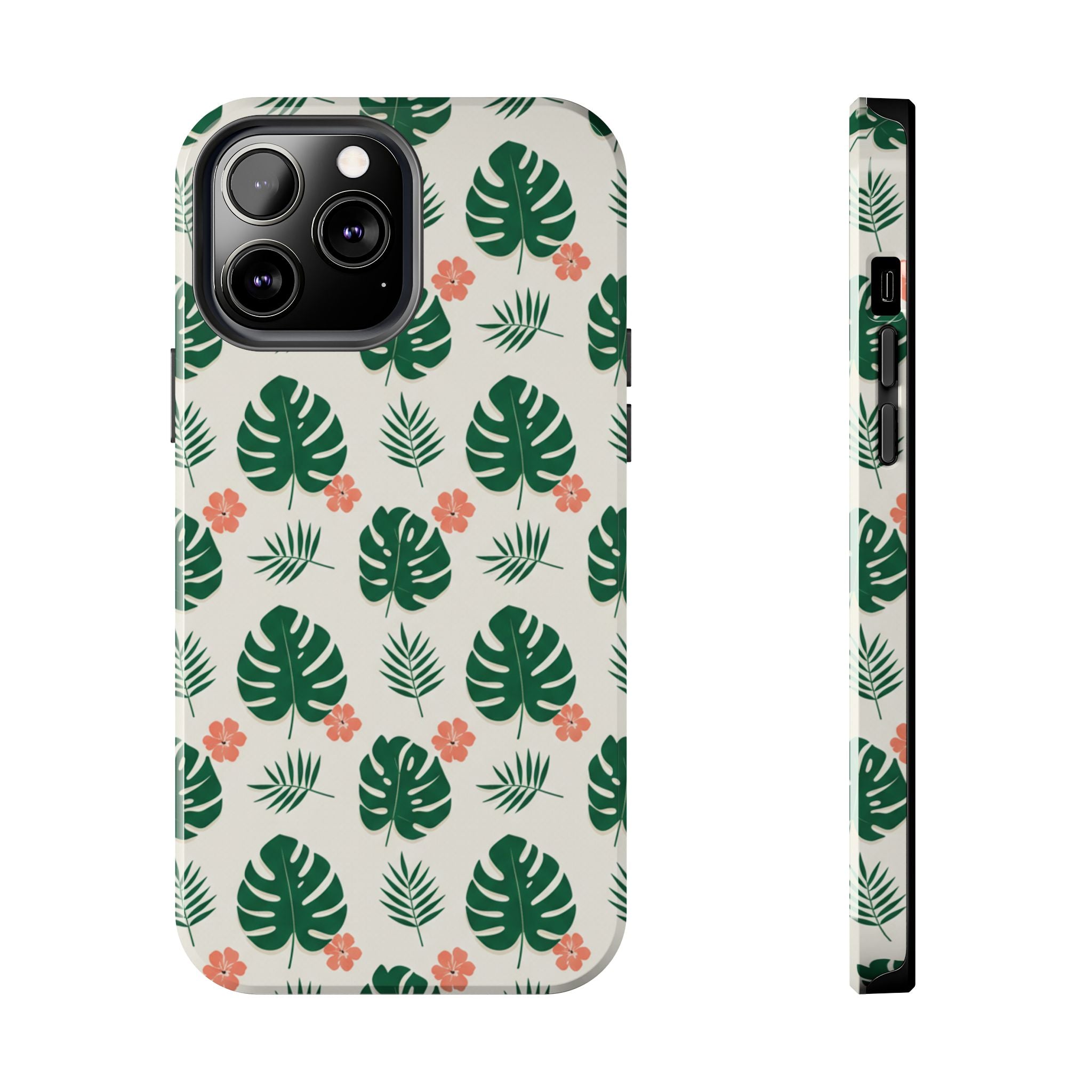 Tropical Leaves Tough Phone Case — Monstera & Pink Floral Protective Cover