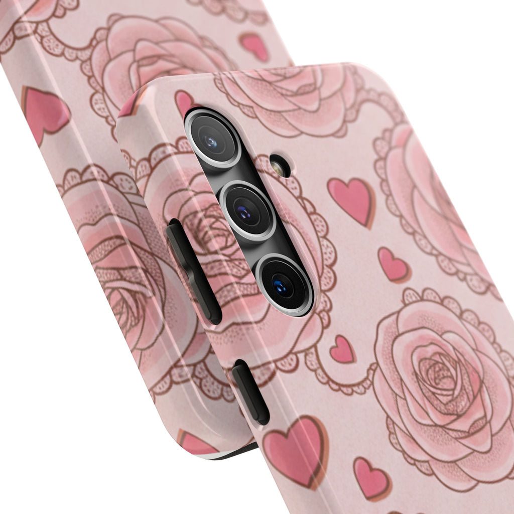 Floral Heart Phone Case — Pink Rose Pattern Tough Protective Case