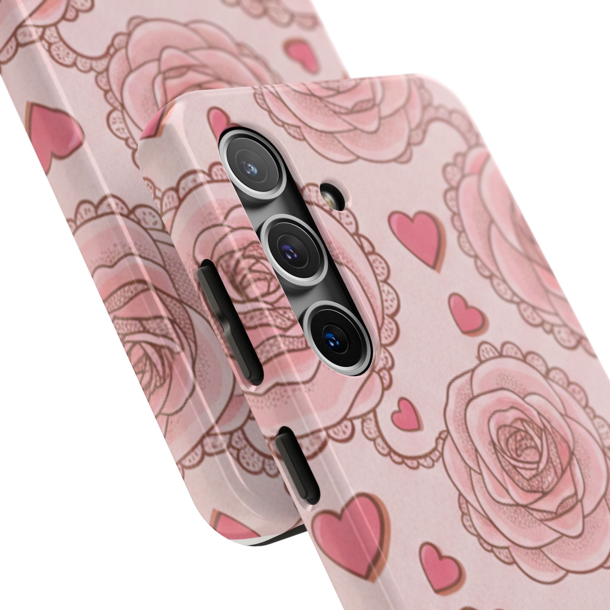 Floral Heart Phone Case — Pink Rose Pattern Tough Protective Case