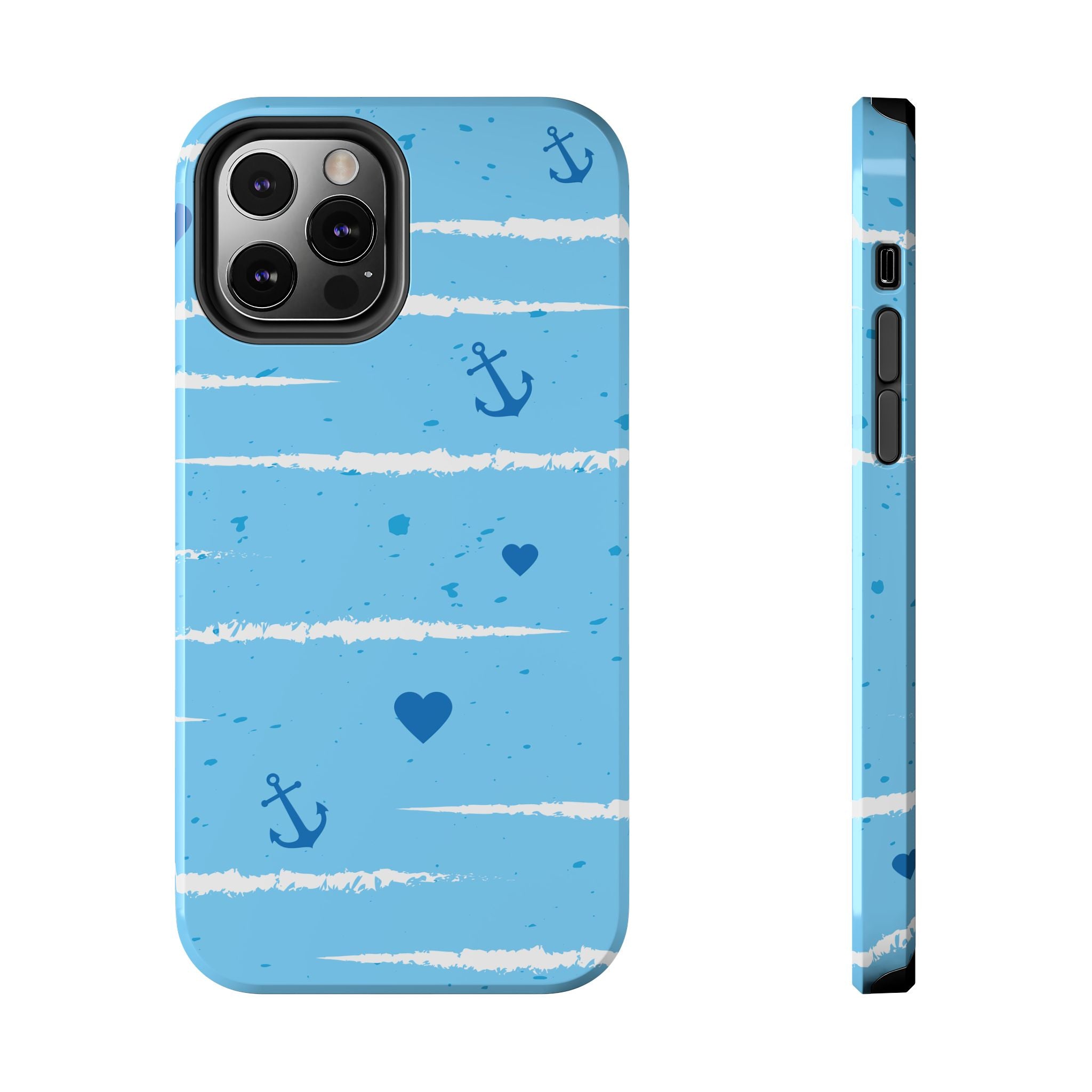 Nautical Blue Anchor & Hearts Tough Phone Case — Cute Striped Protective Cover