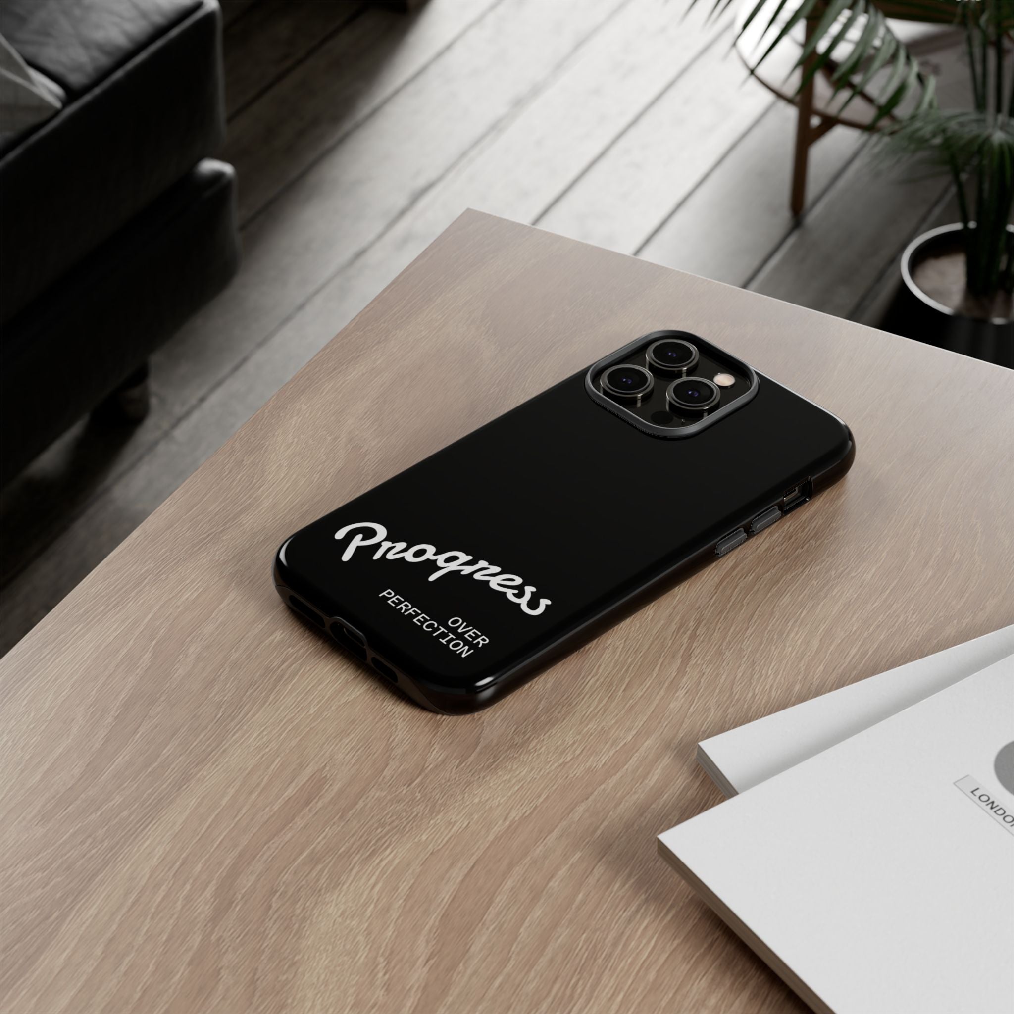 Phone Case - "Progress Over Perfection" Glossy Black Protective Cover