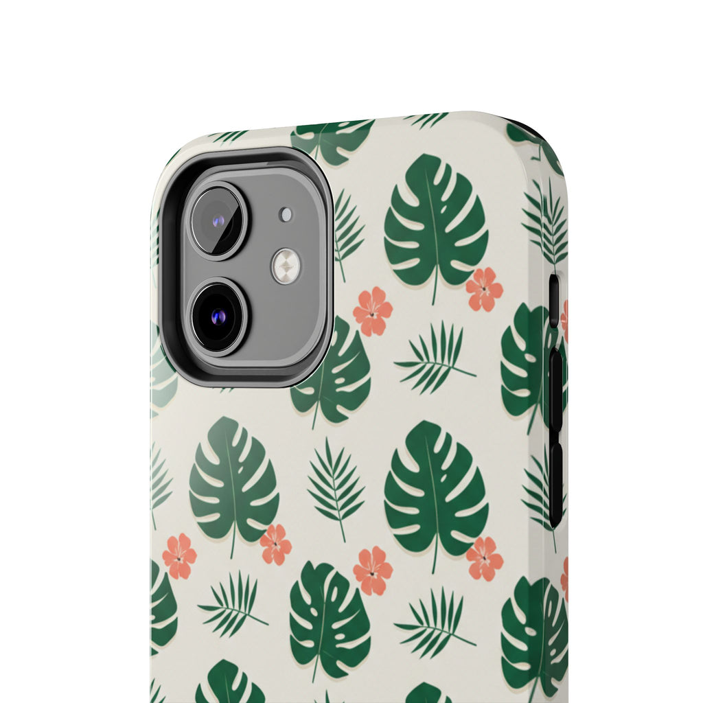 Tropical Leaves Tough Phone Case — Monstera & Pink Floral Protective Cover