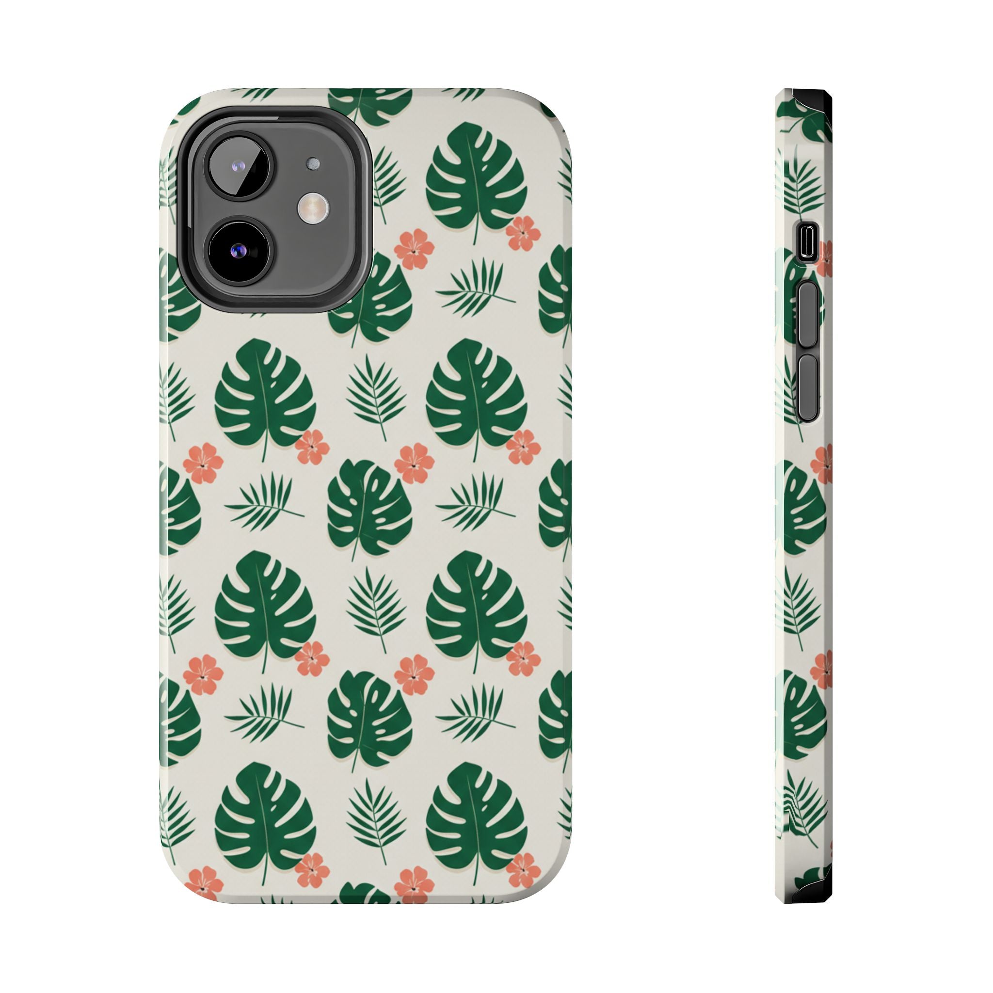 Tropical Leaves Tough Phone Case — Monstera & Pink Floral Protective Cover
