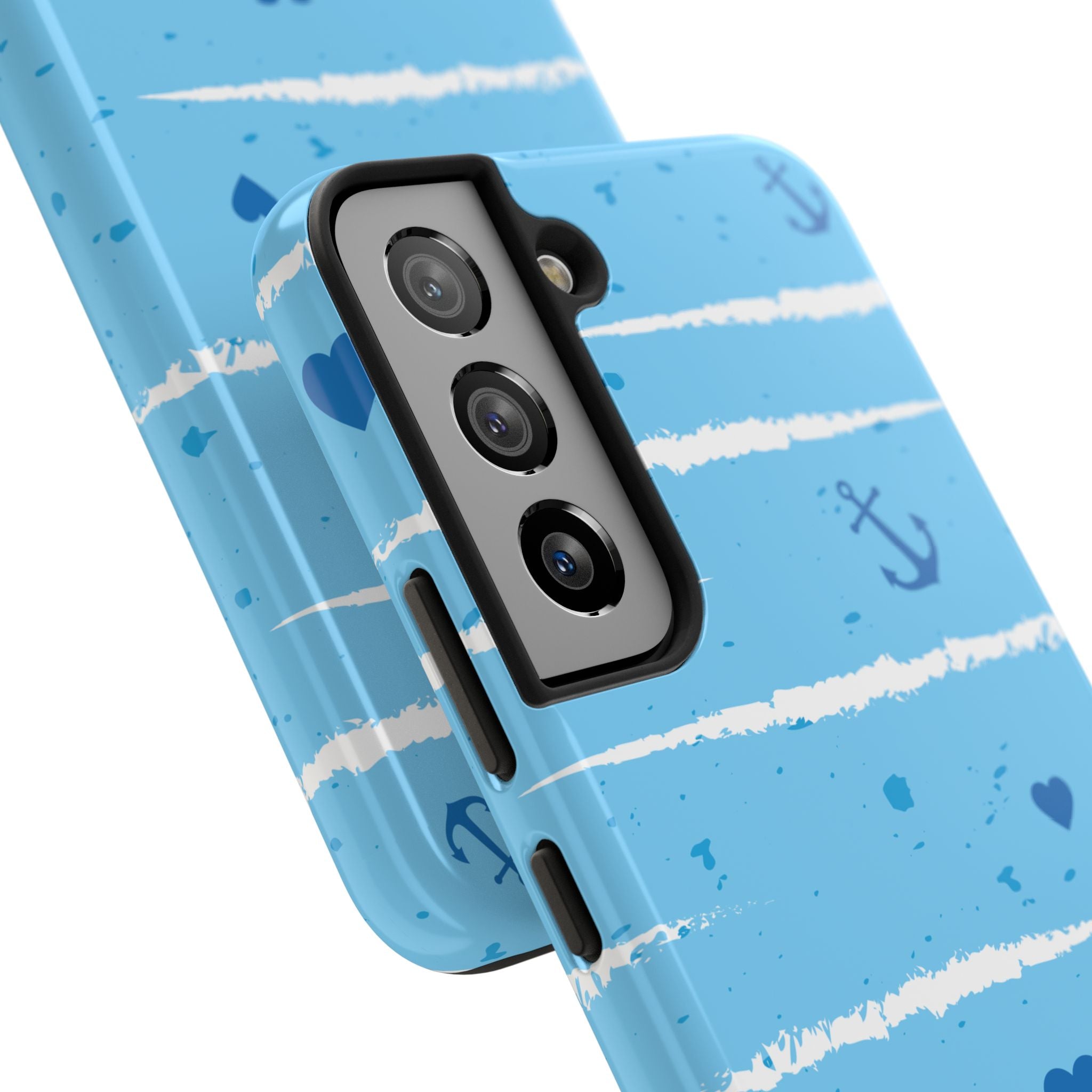 Nautical Blue Anchor & Hearts Tough Phone Case — Cute Striped Protective Cover