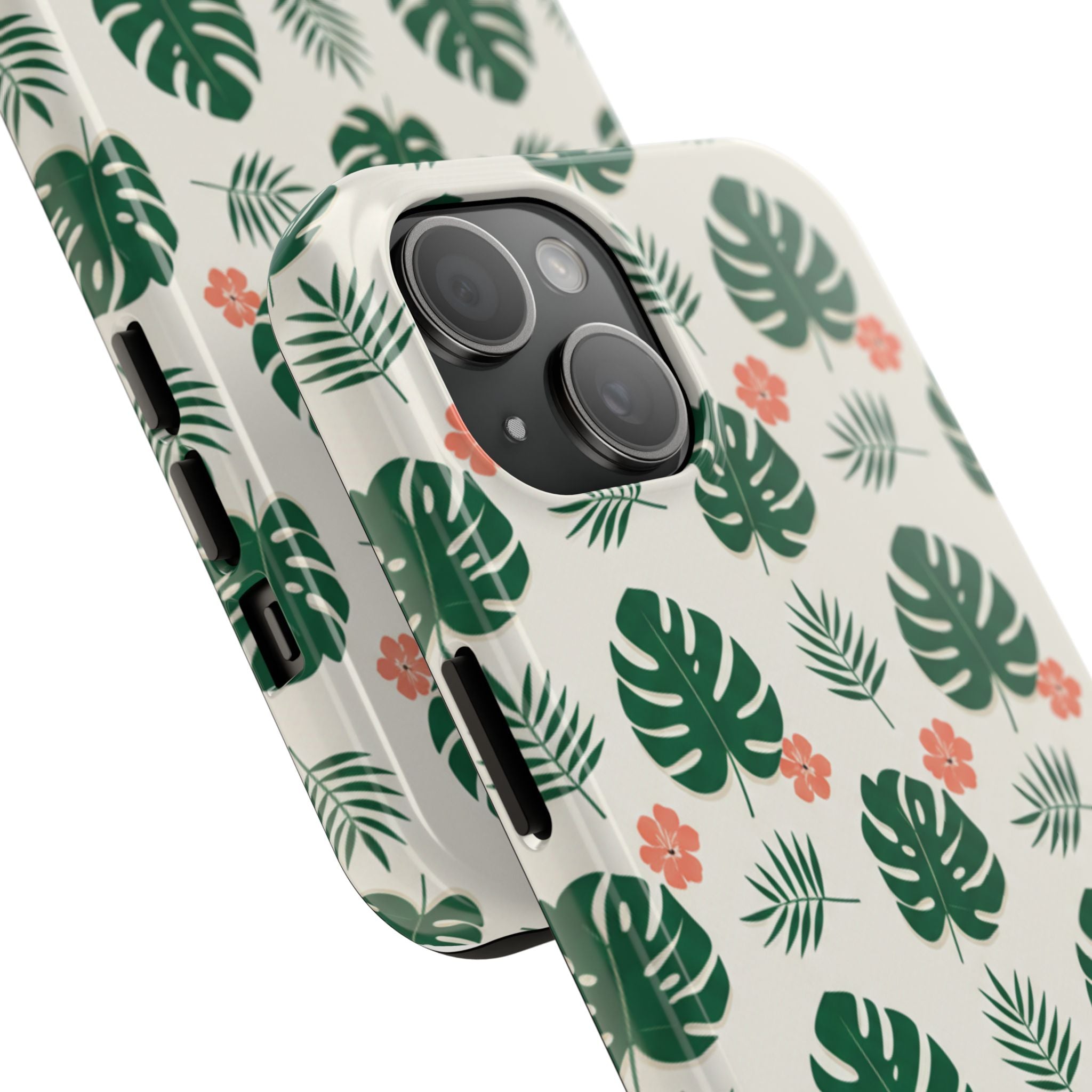 Tropical Leaves Tough Phone Case — Monstera & Pink Floral Protective Cover
