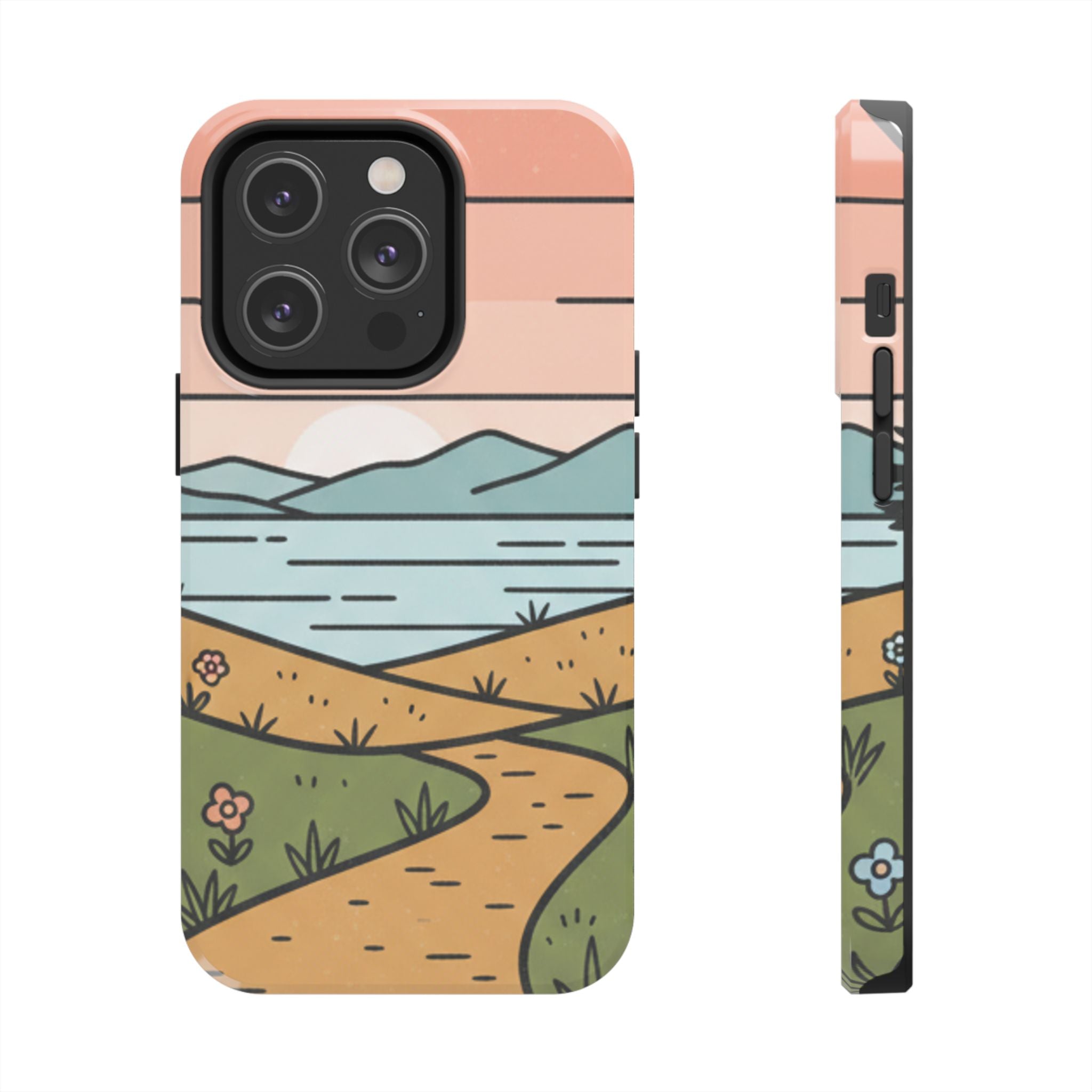 Scenic Path Tough Phone Case — Pastel Lake & Mountain Protective Cover