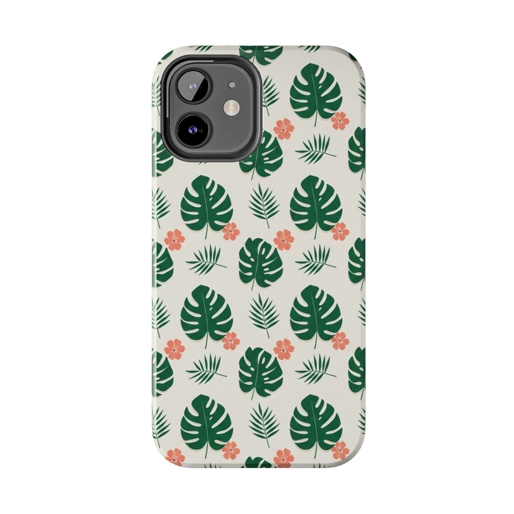 Tropical Leaves Tough Phone Case — Monstera & Pink Floral Protective Cover