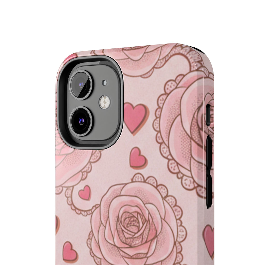 Floral Heart Phone Case — Pink Rose Pattern Tough Protective Case