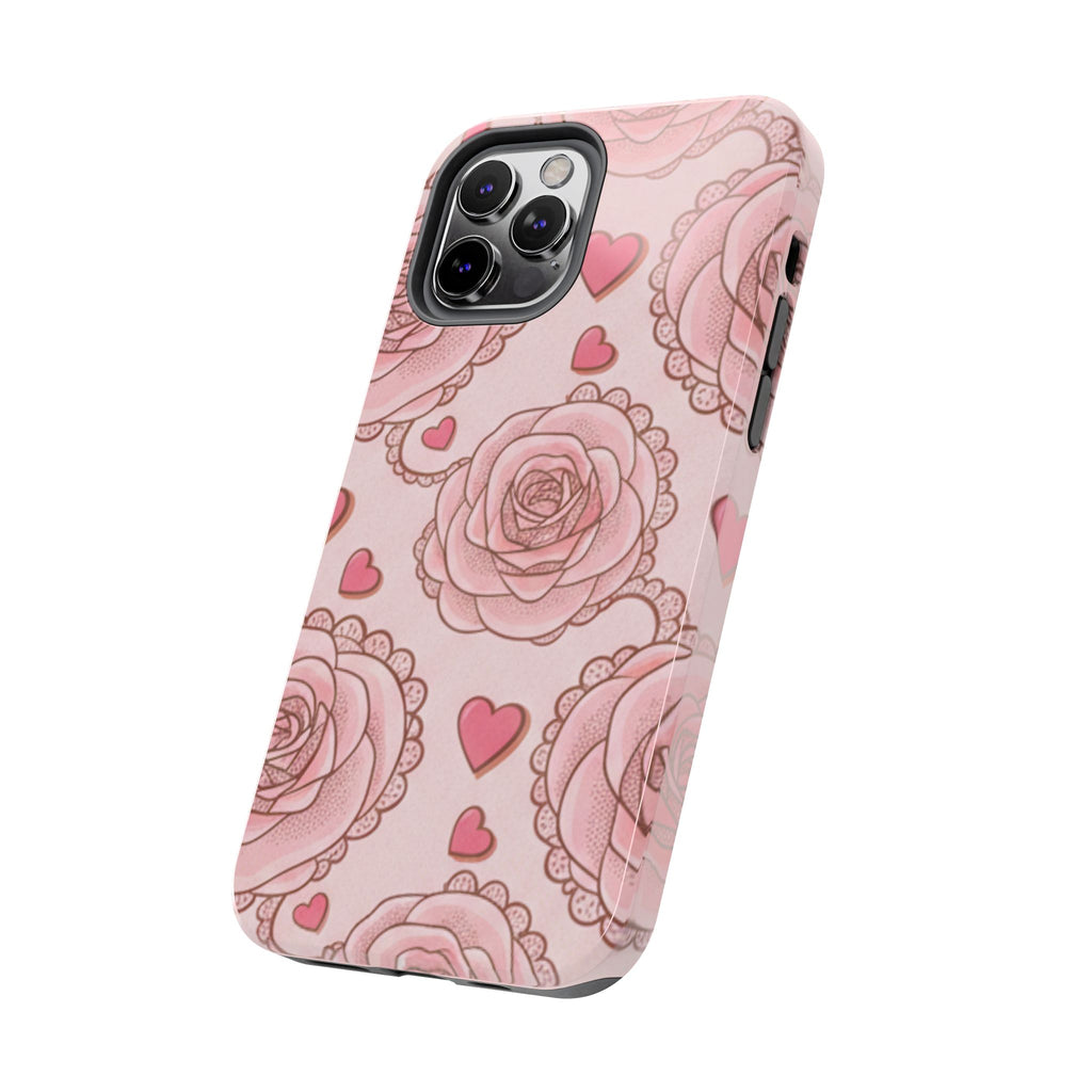 Floral Heart Phone Case — Pink Rose Pattern Tough Protective Case
