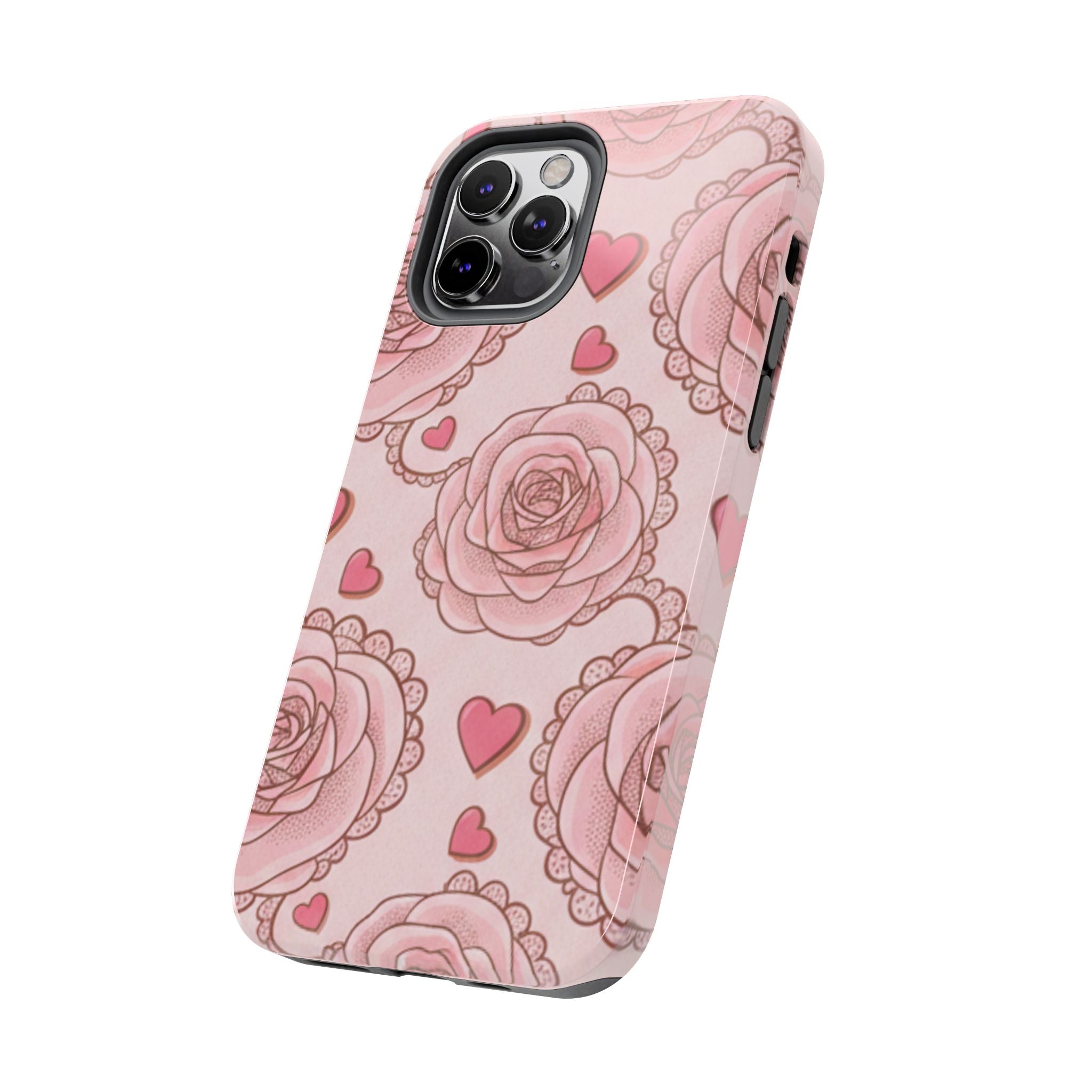 Floral Heart Phone Case — Pink Rose Pattern Tough Protective Case