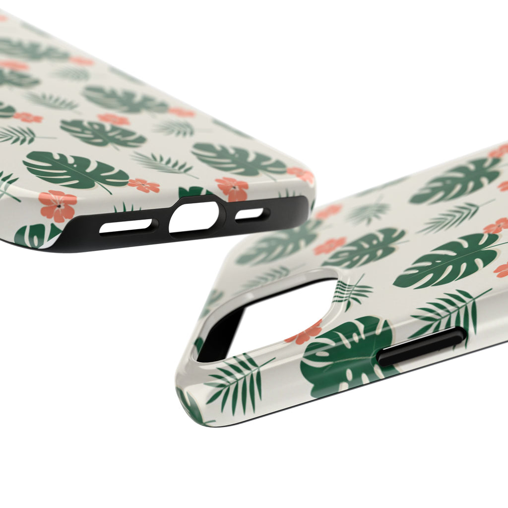 Tropical Leaves Tough Phone Case — Monstera & Pink Floral Protective Cover