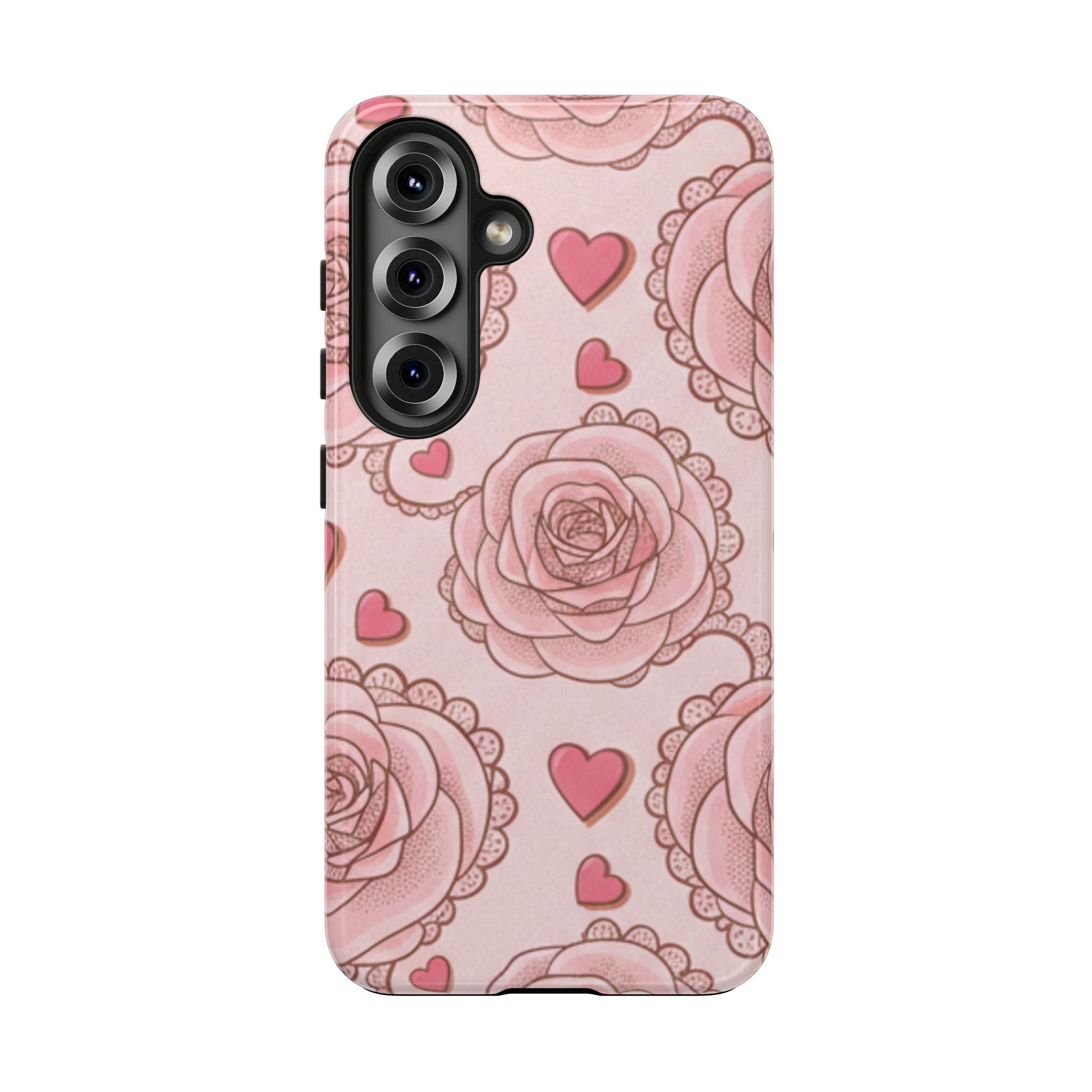Floral Heart Phone Case — Pink Rose Pattern Tough Protective Case