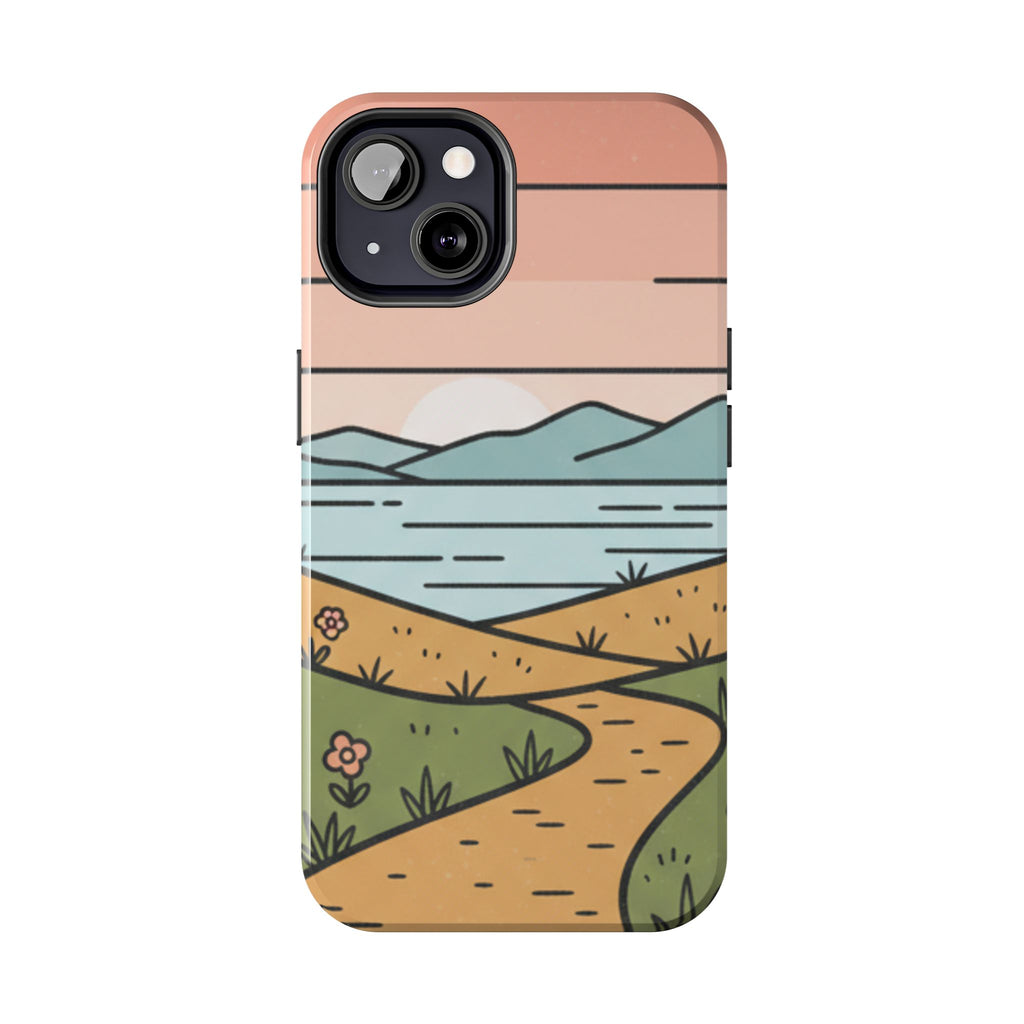 Scenic Path Tough Phone Case — Pastel Lake & Mountain Protective Cover