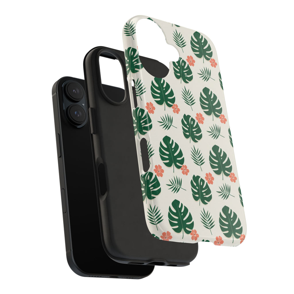 Tropical Leaves Tough Phone Case — Monstera & Pink Floral Protective Cover