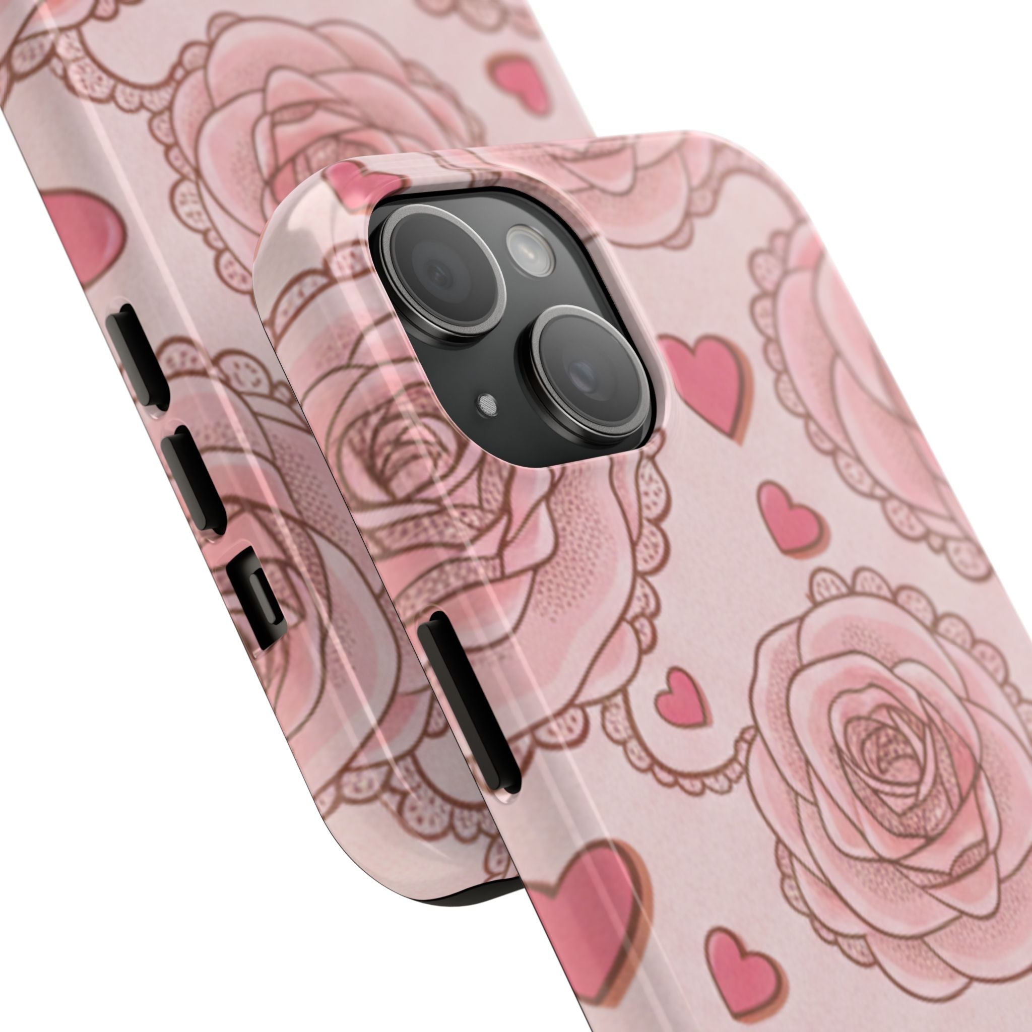 Floral Heart Phone Case — Pink Rose Pattern Tough Protective Case