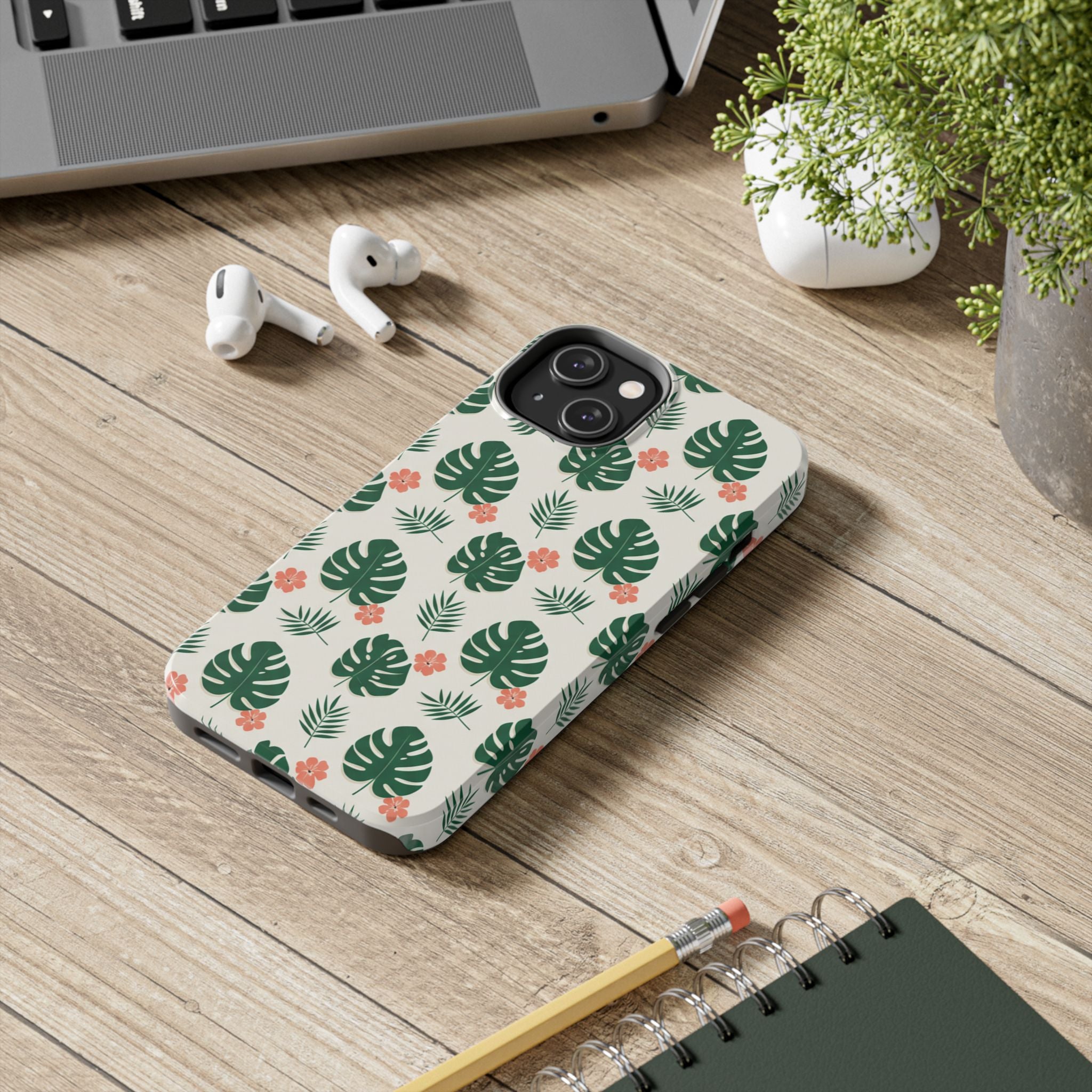Tropical Leaves Tough Phone Case — Monstera & Pink Floral Protective Cover
