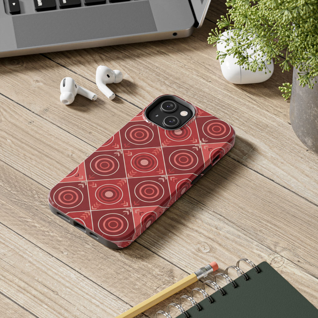 Red Geometric Target Pattern Tough Phone Case — Protective Abstract Retro Design