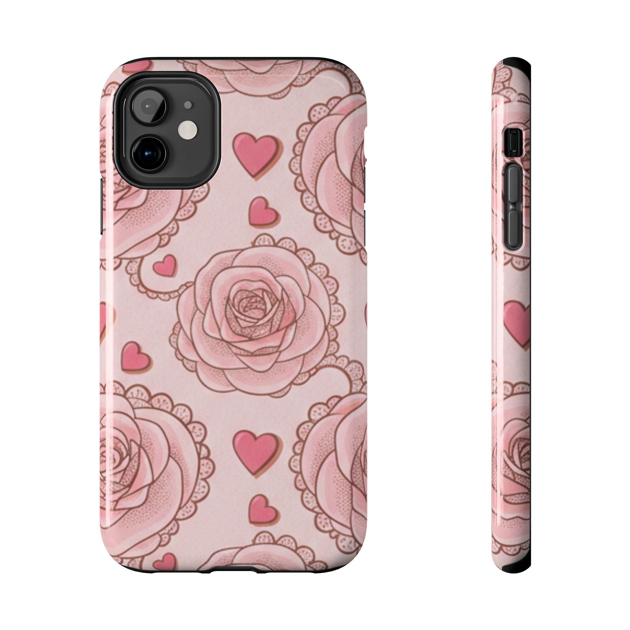 Floral Heart Phone Case — Pink Rose Pattern Tough Protective Case