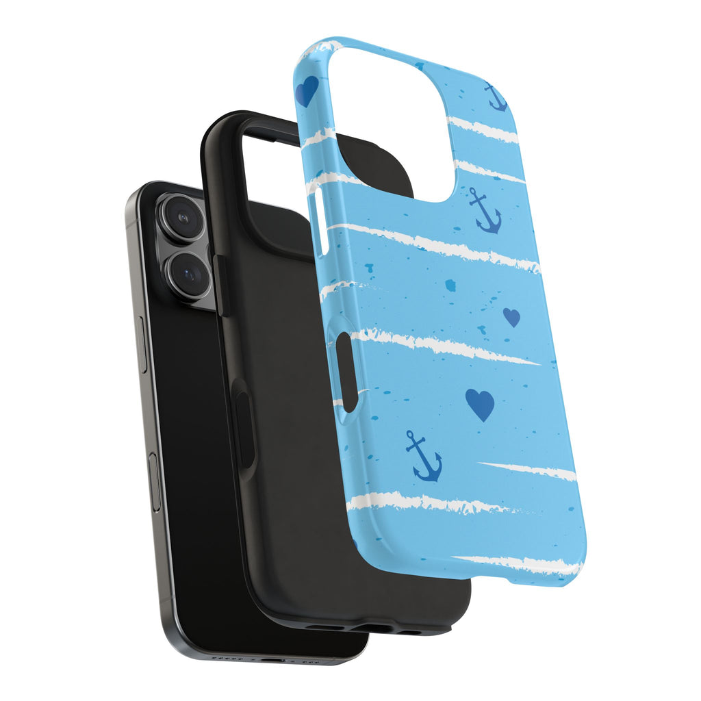 Nautical Blue Anchor & Hearts Tough Phone Case — Cute Striped Protective Cover