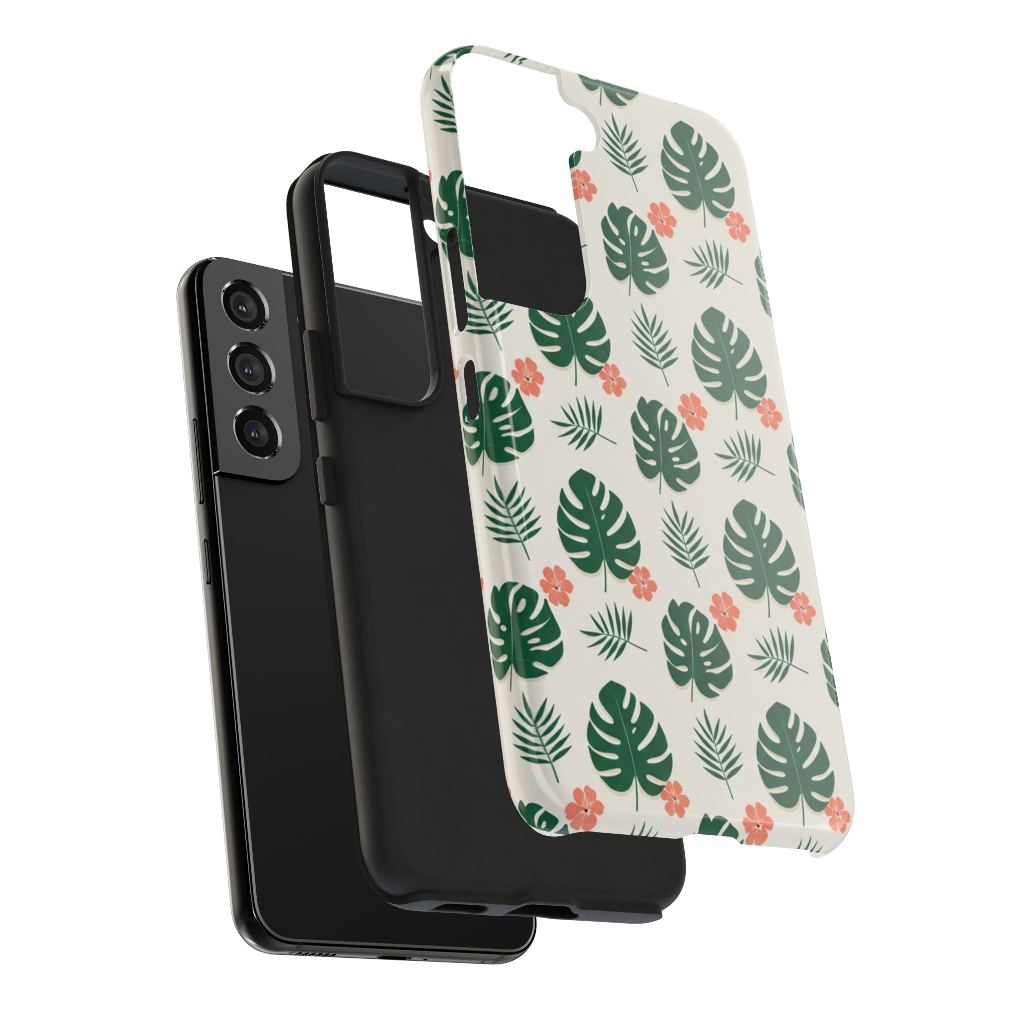 Tropical Leaves Tough Phone Case — Monstera & Pink Floral Protective Cover
