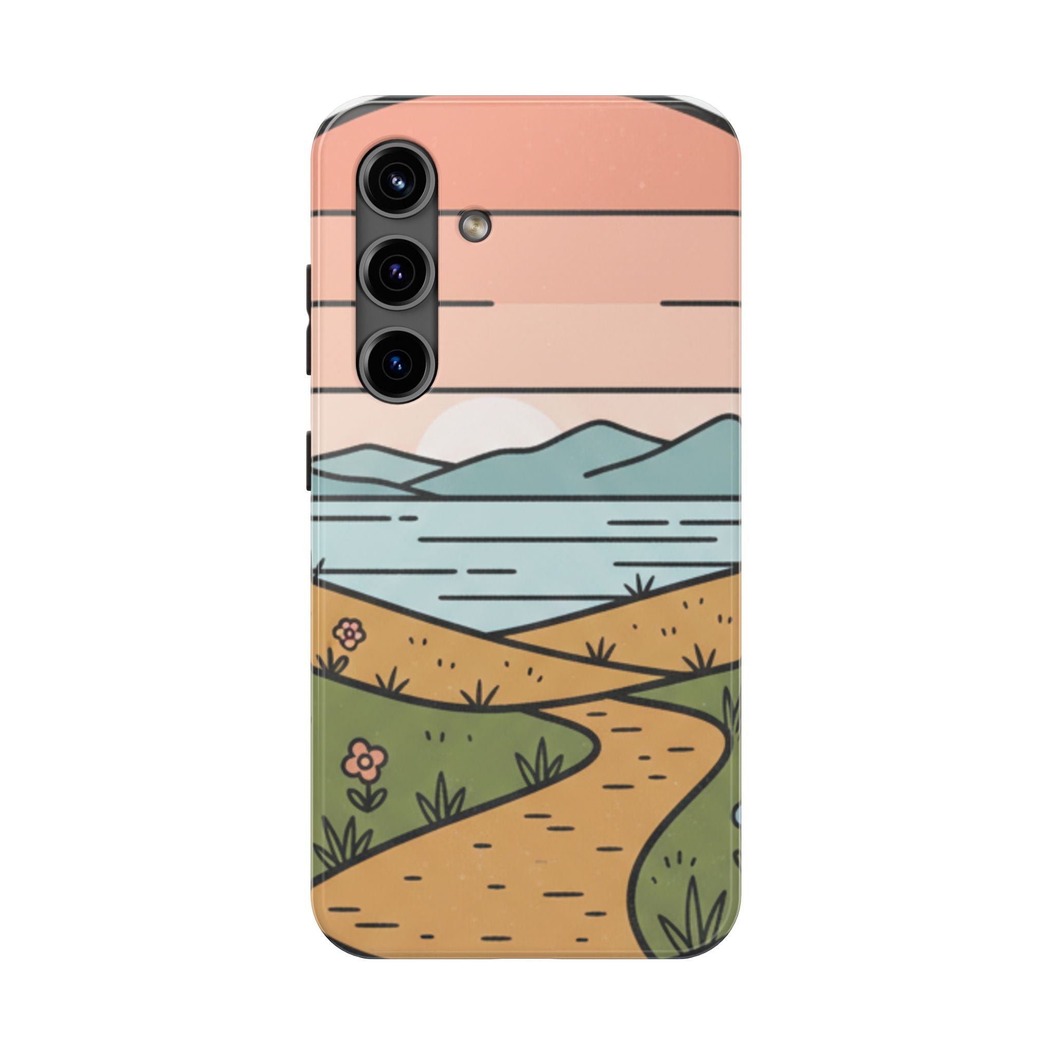 Scenic Path Tough Phone Case — Pastel Lake & Mountain Protective Cover